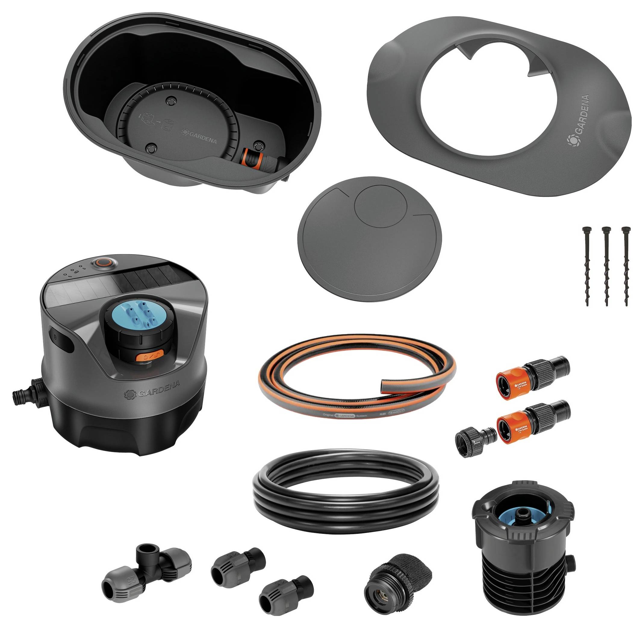 Garden irrigation system components including a control unit, connectors, hoses, and screws displayed on a white background.
