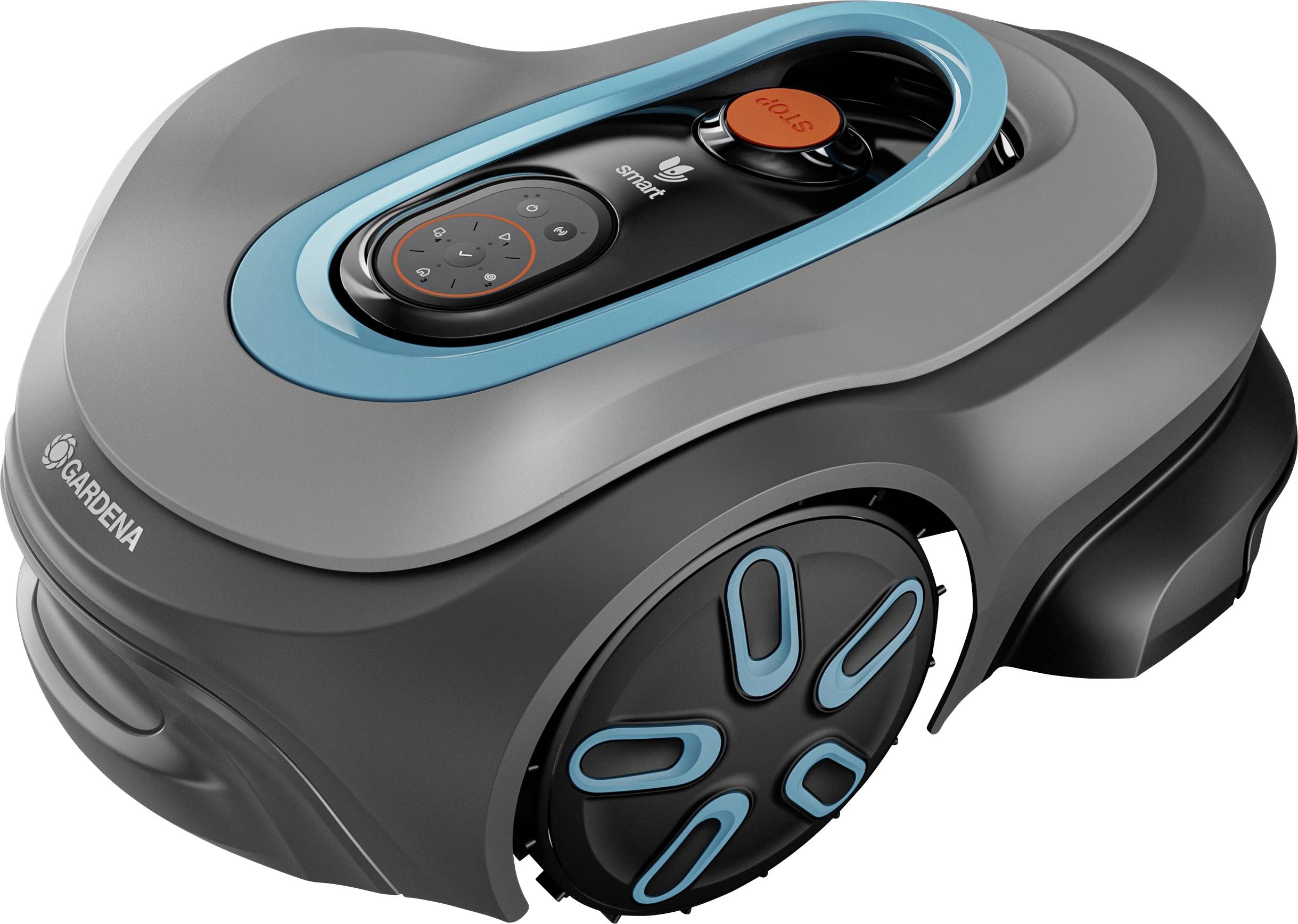A Gardena robotic lawnmower with a blue and black surface, displaying control buttons and the company logo on the front.