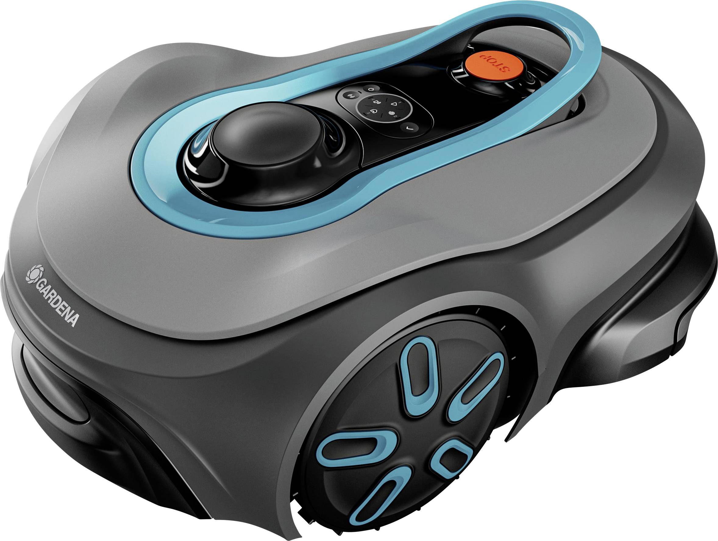A sleek, gray robotic lawnmower with blue accents and a digital control panel.