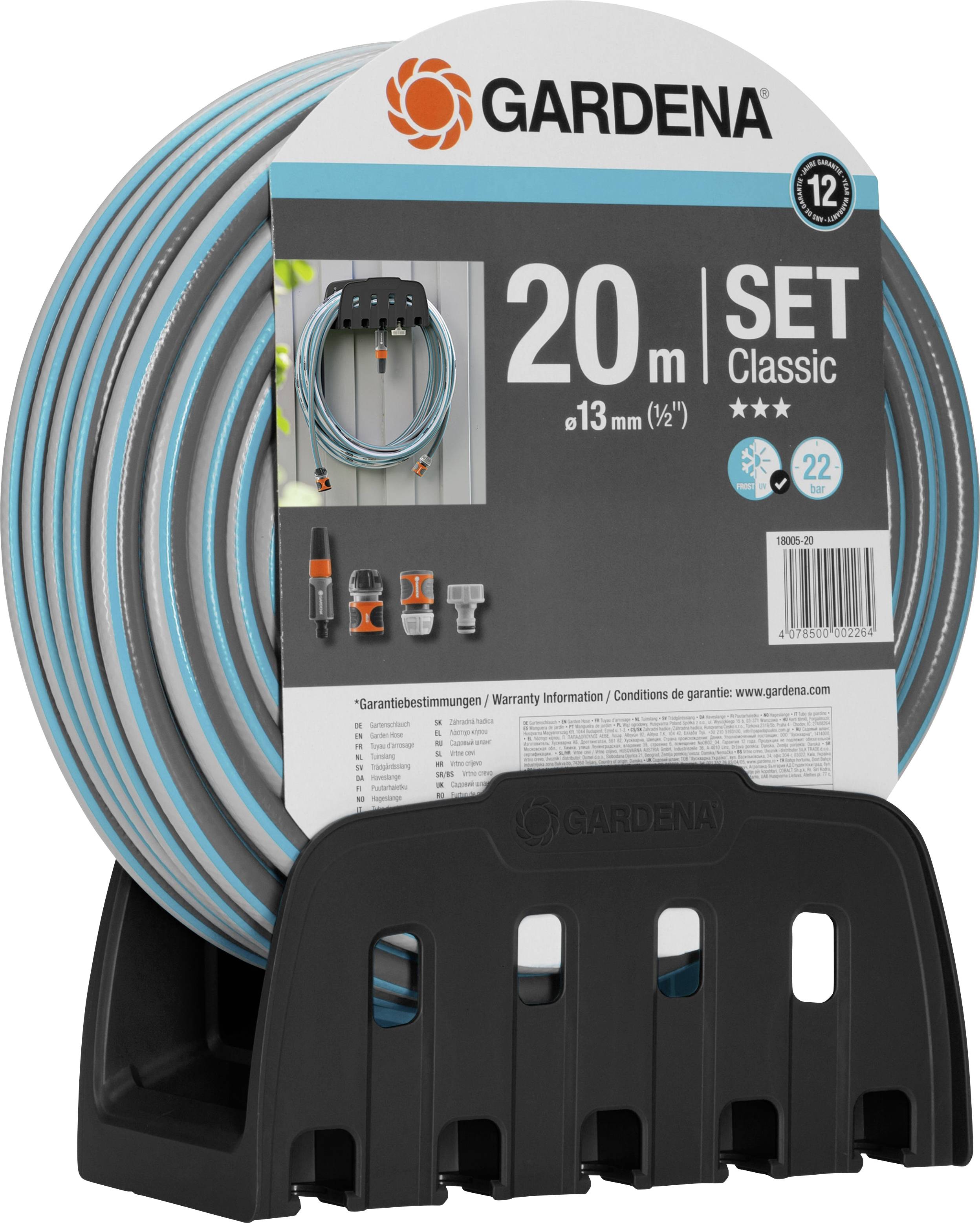 Garden Hose Set 'Gardena Classic', 20 m, 13 mm diameter, including accessories, on black holder.