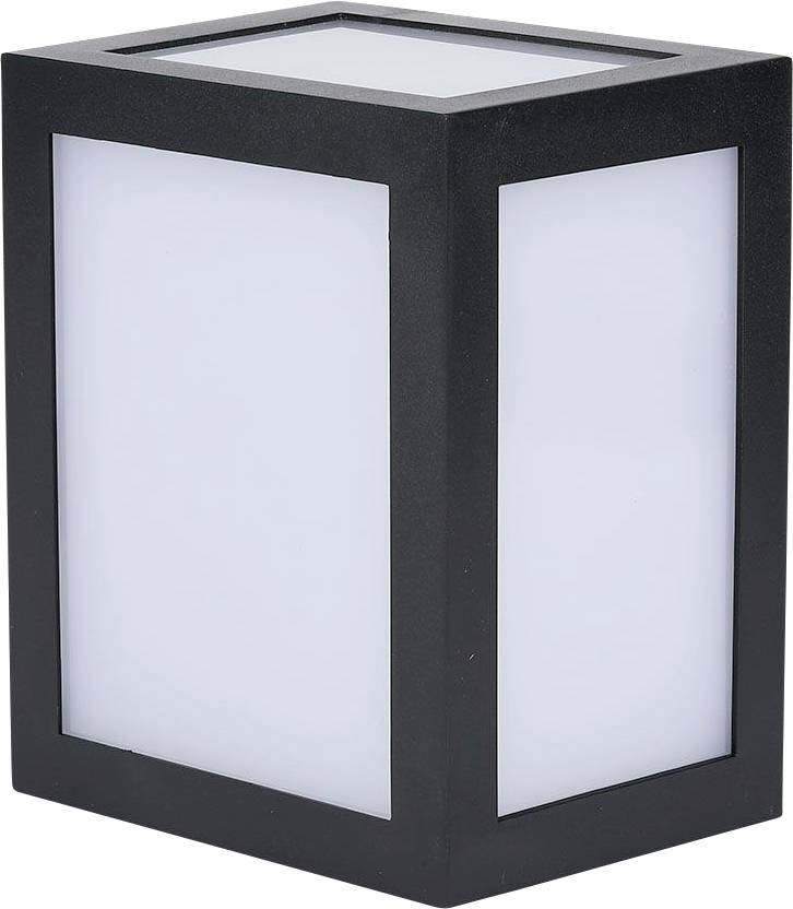 Black, rectangular lamp with white illumination panel, suitable for use in interior or exterior areas for lighting purposes.