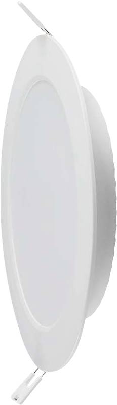Round, white LED recessed light with a slim frame and two metal clips on the sides, suitable for ceiling mounting.