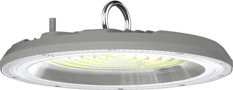 A round, flat LED lamp with a hook for hanging, illuminating in white light.
