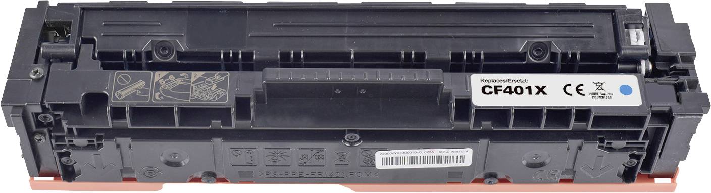 A black printer toner cartridge, model number CF401X. It displays labels with product information and installation instructions.