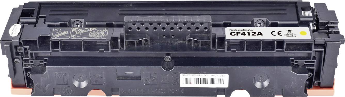 Black toner cartridge with 'CF412A' inscription, suitable for laser printers; contains technical details and operating instructions.