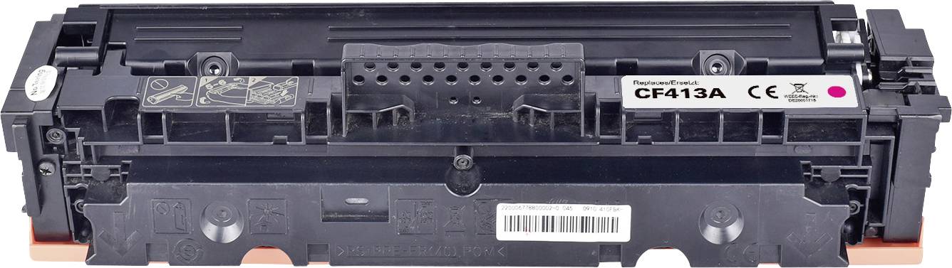 Black toner cartridge for printer, model number 'CF413A', with manufacturer label and recycling symbol.