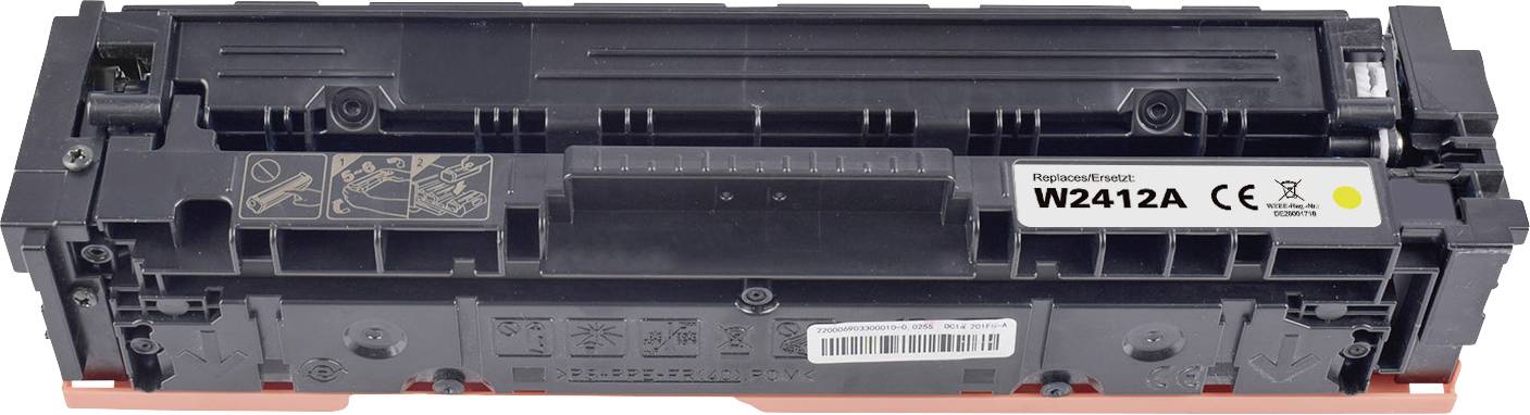 Black toner cartridge, Model W2412A, with CE marking and safety instructions, designed for printing devices.