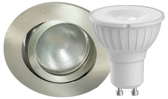 Recessed downlights and LED spotlights with GU10 base. The downlight has a brushed metal finish, and the spotlight is white.