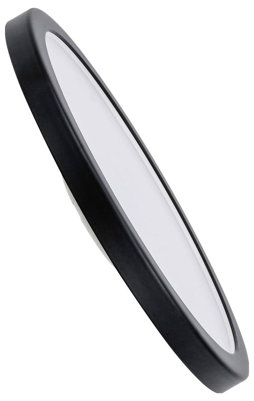 Flache, runde LED-Leuchte mit schwarzem Rand und weißem Diffusor, in Seitenansicht gezeigt. Ideal für moderne Innenräume.
