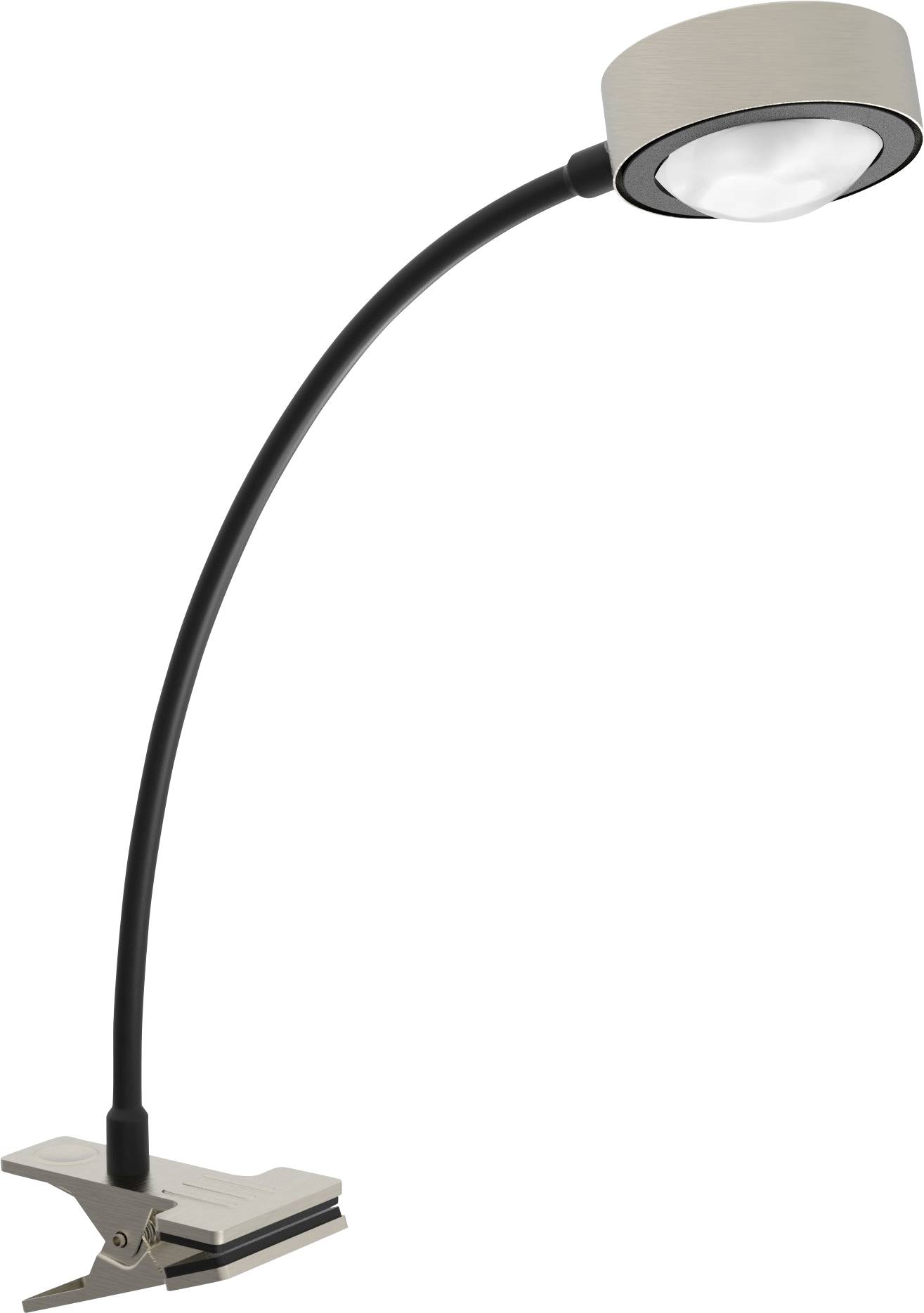 Desk lamp with a flexible neck in black, with a silver lamp head and clip base. Suitable for targeted lighting on desks.