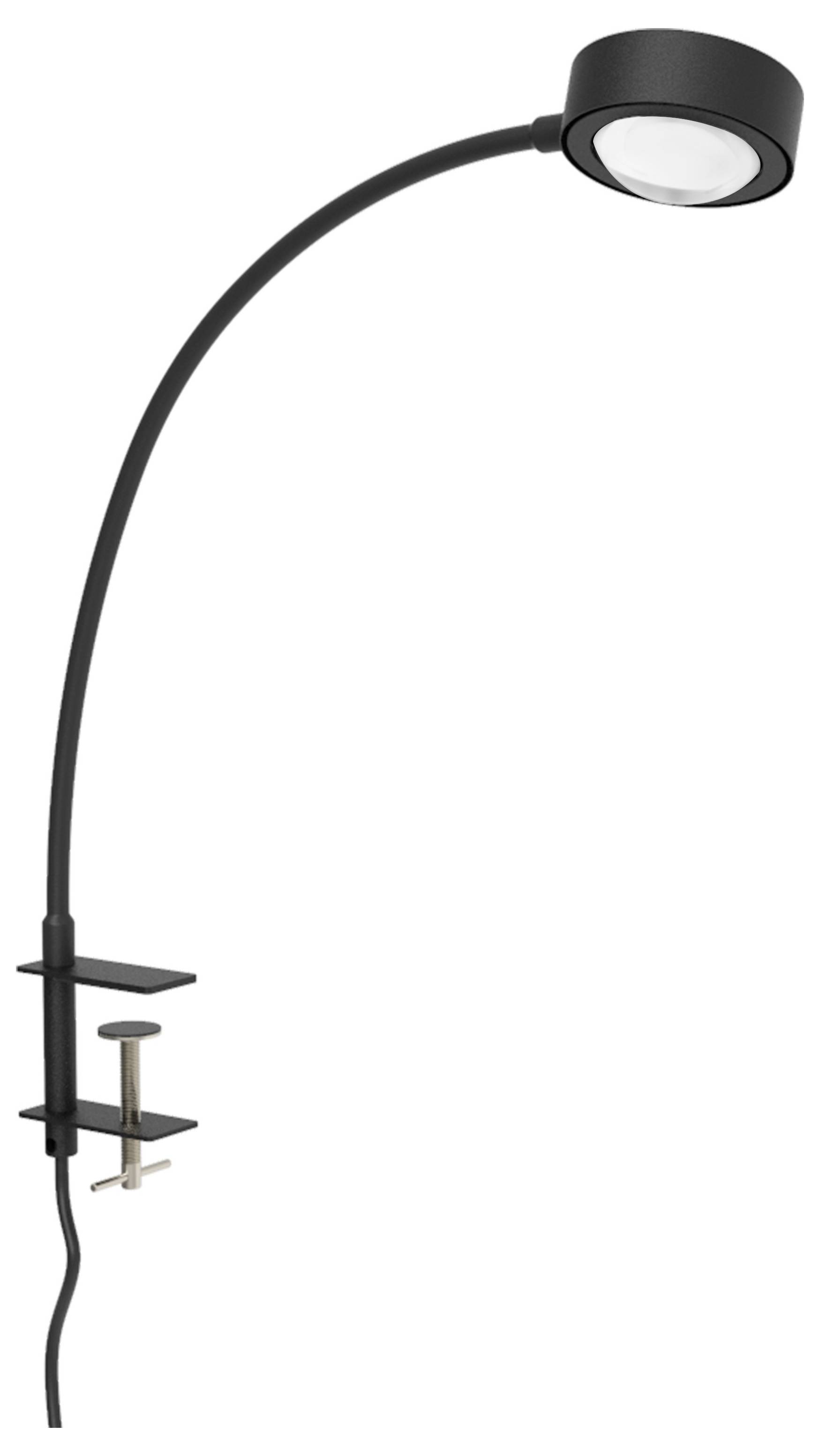 A black, curved clip-on light with a round lamp head and switch, suitable for attaching to tables or shelves.