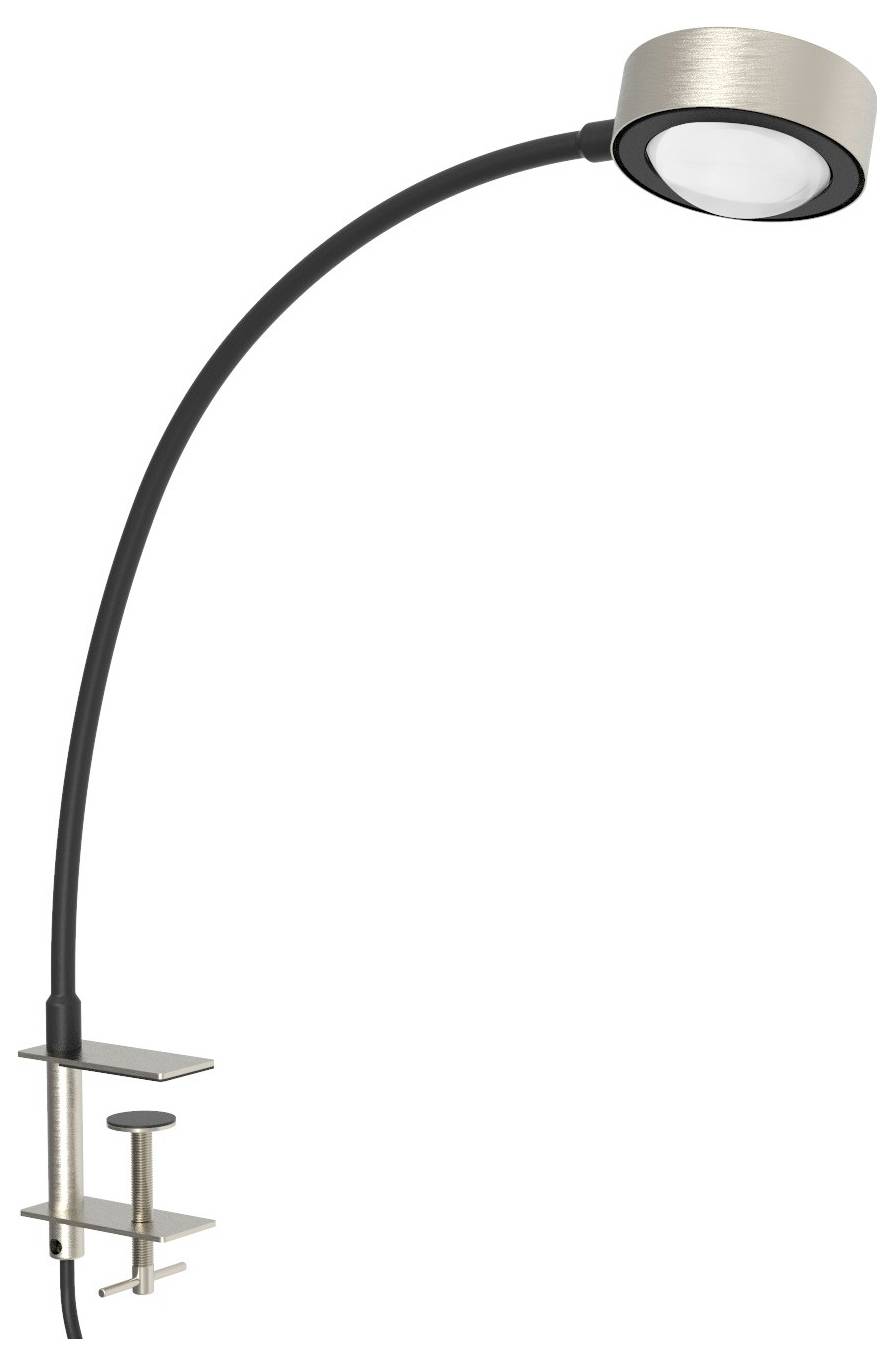 Flexible reading lamp with a round head, black curved arm and silver clip for table mounting. Ideal for precise lighting.