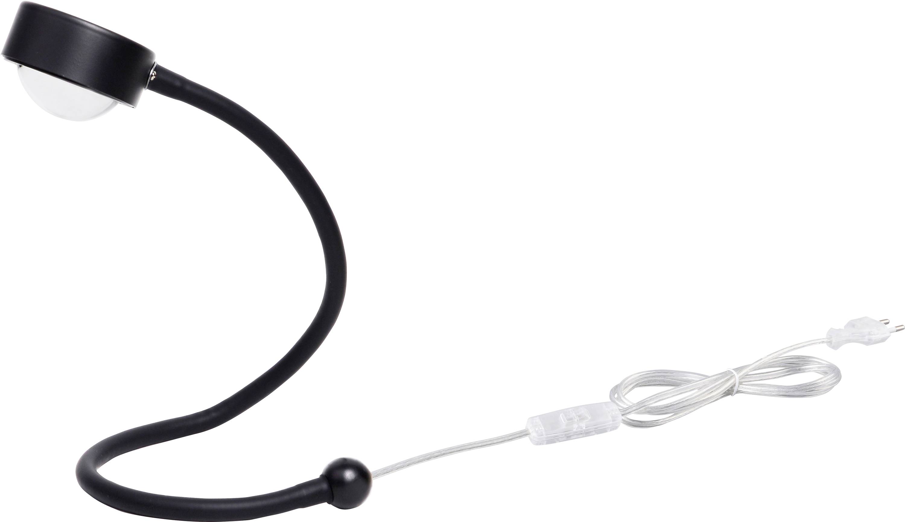Black, flexible reading lamp with a round head and transparent cable, pictured against a white background.