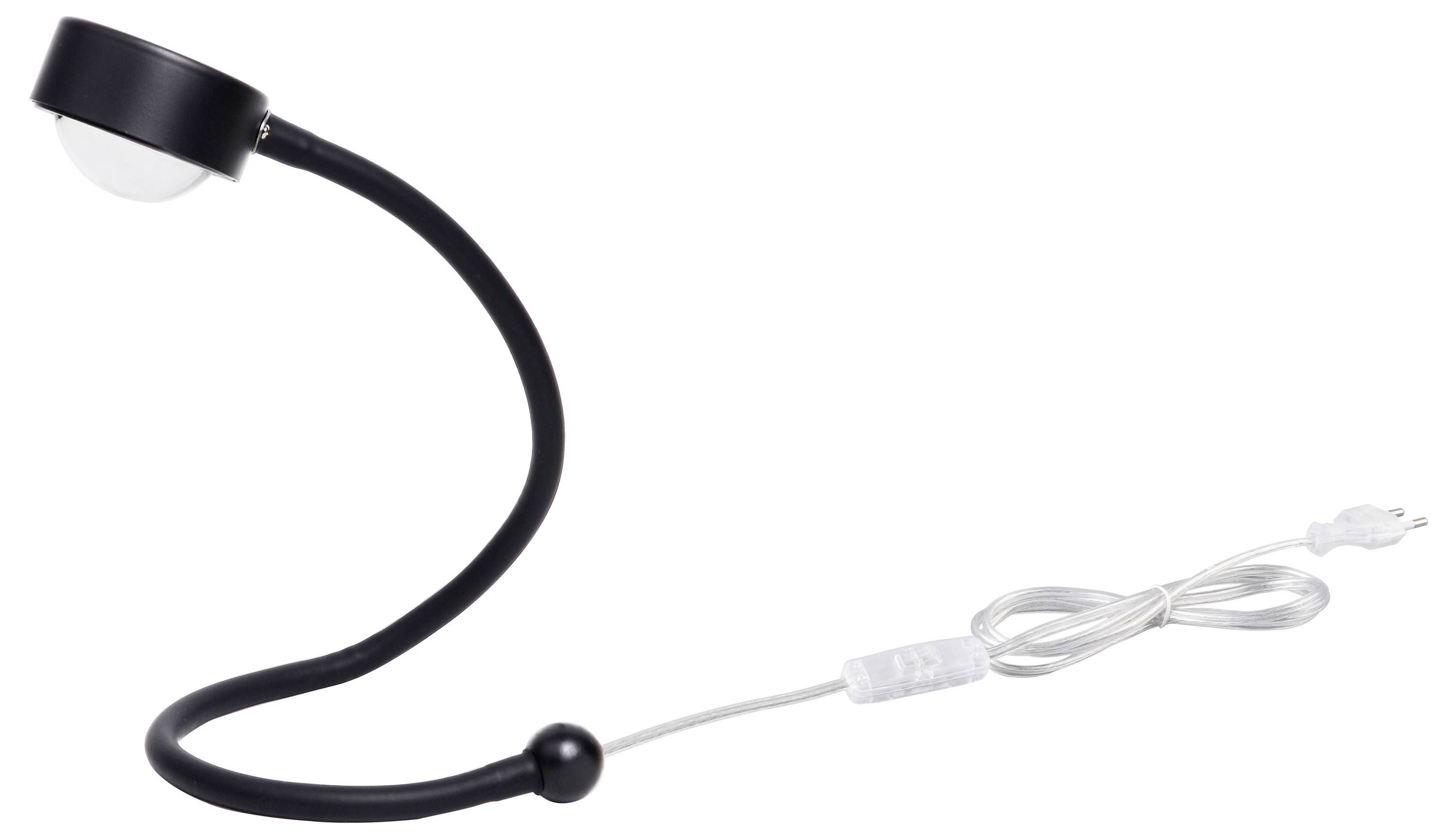 Black flexible reading lamp with round light head and transparent cable with plug.
