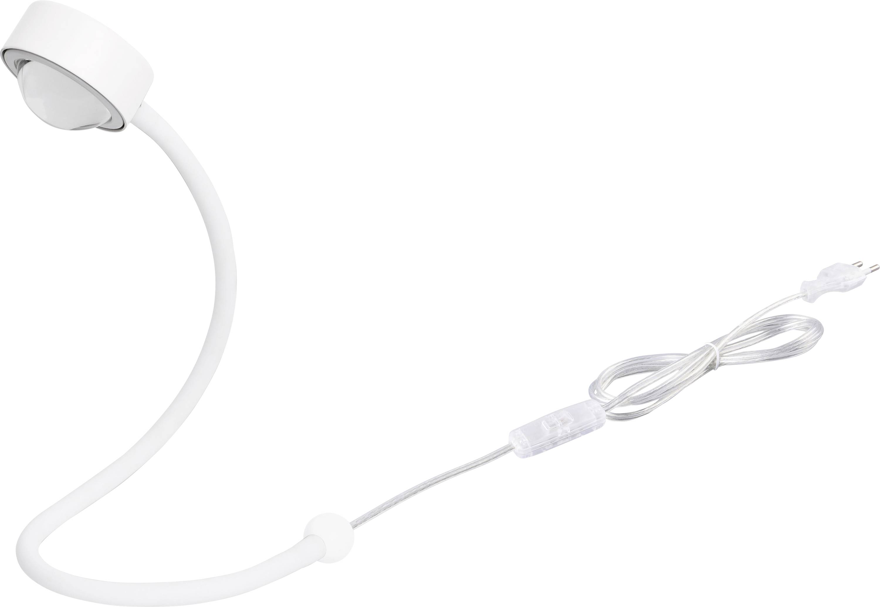 Flexible white desk lamp with a round lampshade and transparent network cable, suitable for targeted lighting.