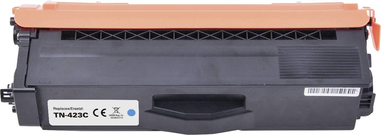 A black toner cartridge labelled 'TN-423C' is shown. It has an orange top section and features a label with the CE mark.