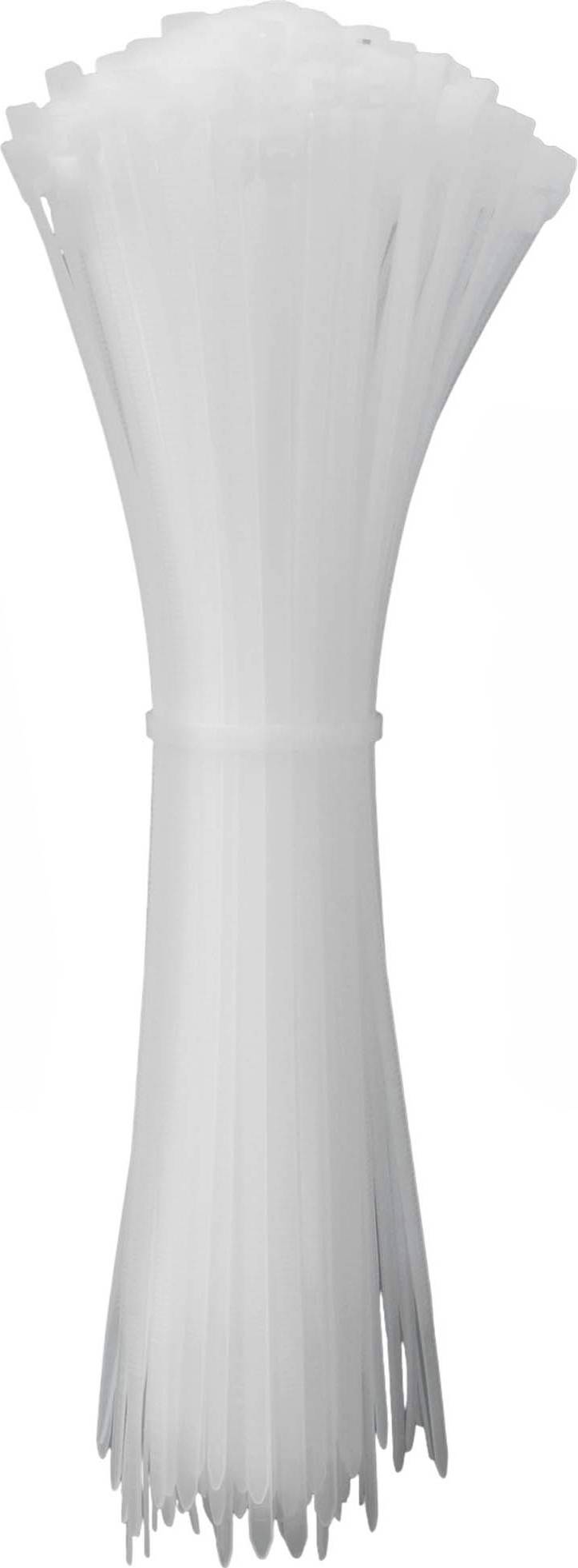 A bundle of white cable ties, tightly bound together, commonly used for securing or fastening cables or other objects.