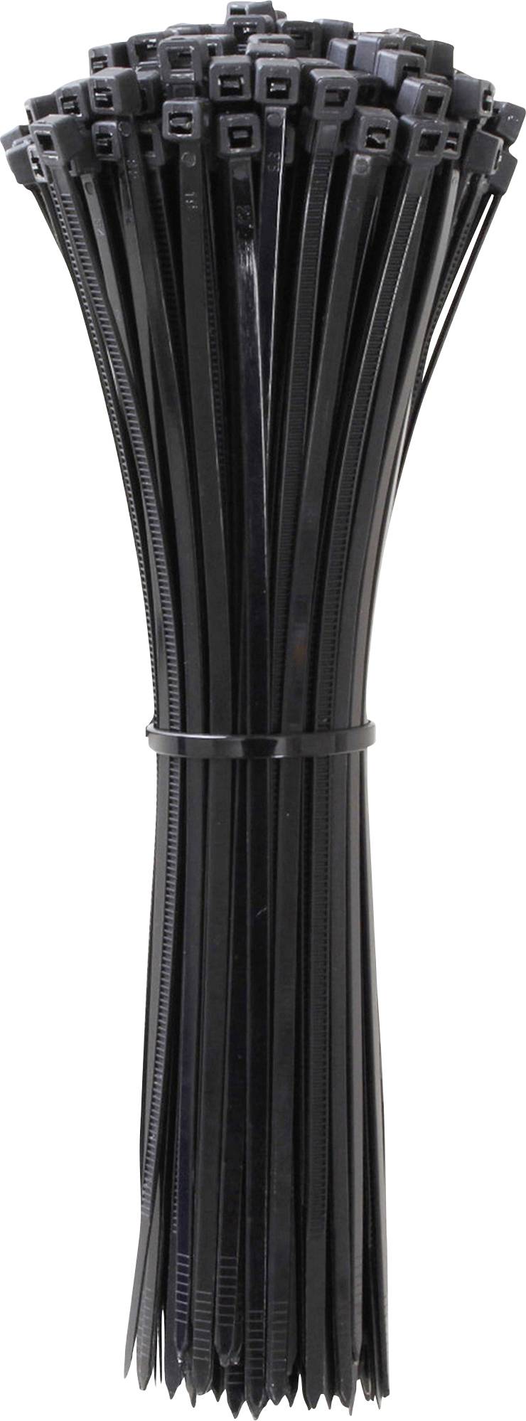 Black cable tie bundle, standing upright. Suitable for securely fastening cables and other items.