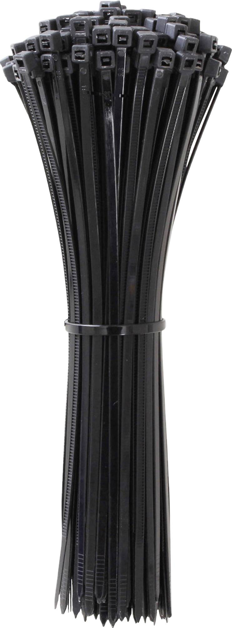 A bundle of black cable ties, standing upright. Ideal for bundling and organising cables in the office or at home.