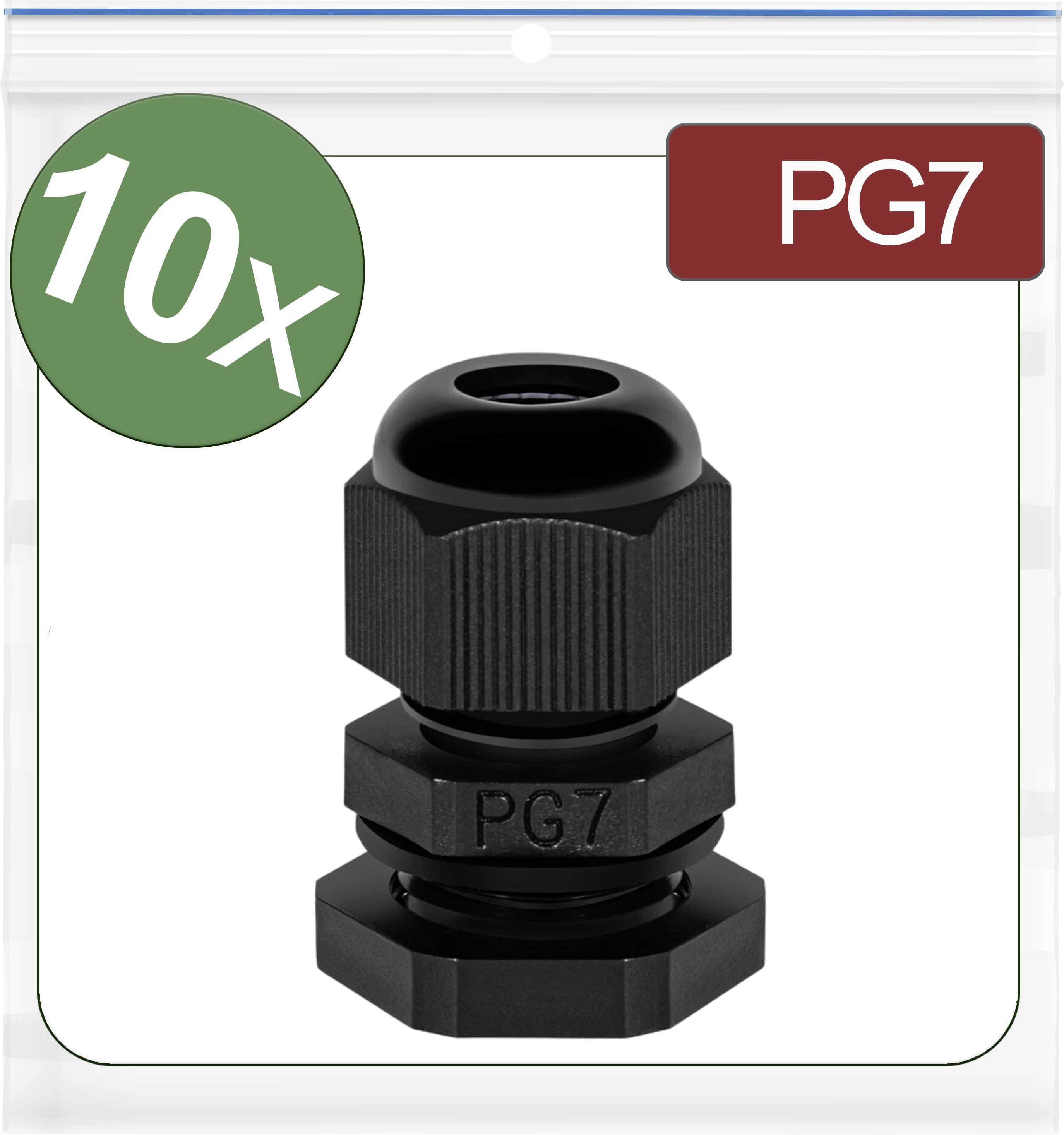 10 black PG7 cable glands in a transparent packaging.