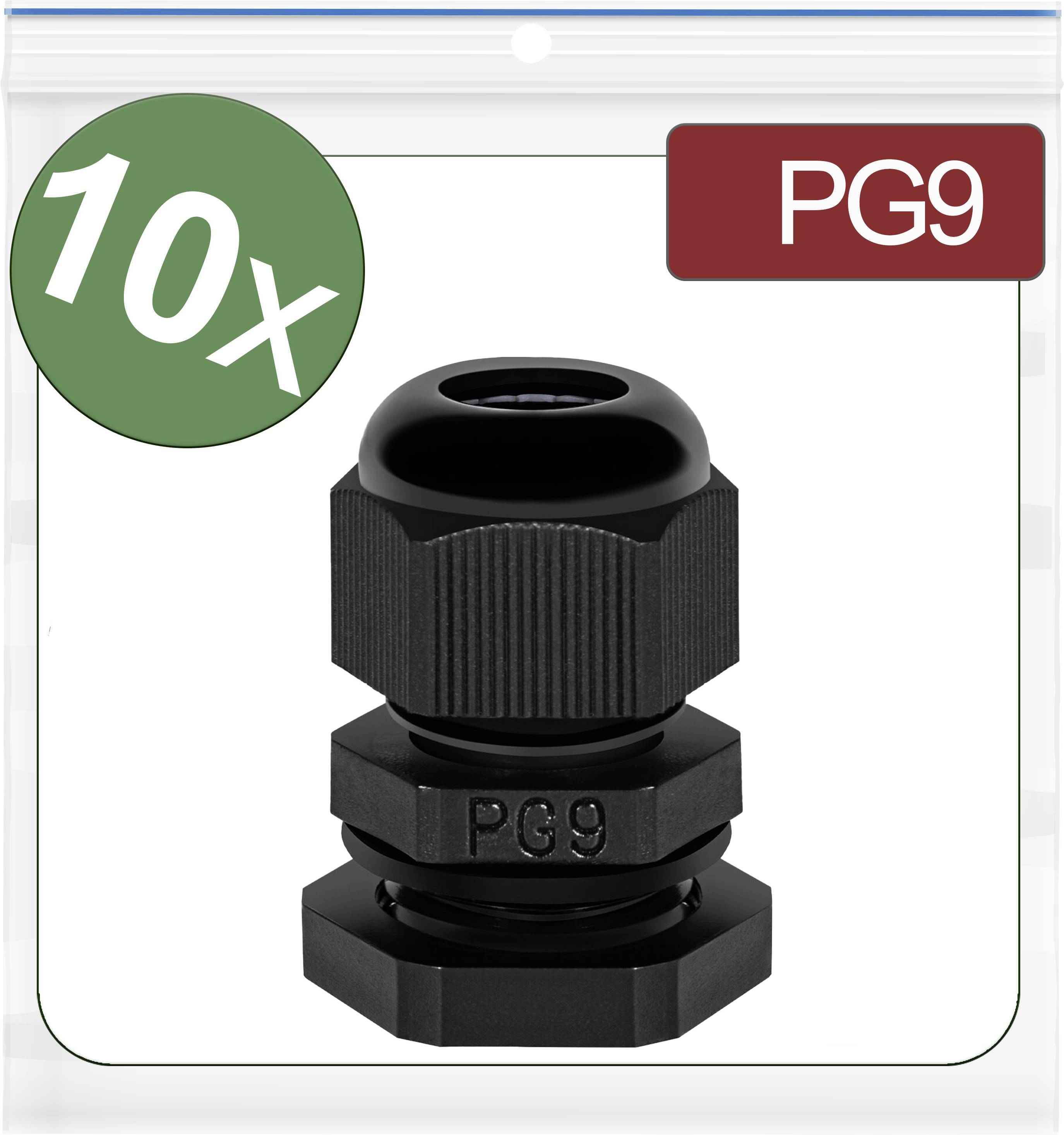 'PG9 Cable Gland, Black, Pack of 10.' Packaging shows a black connecting component with threading and inscription 'PG9'.