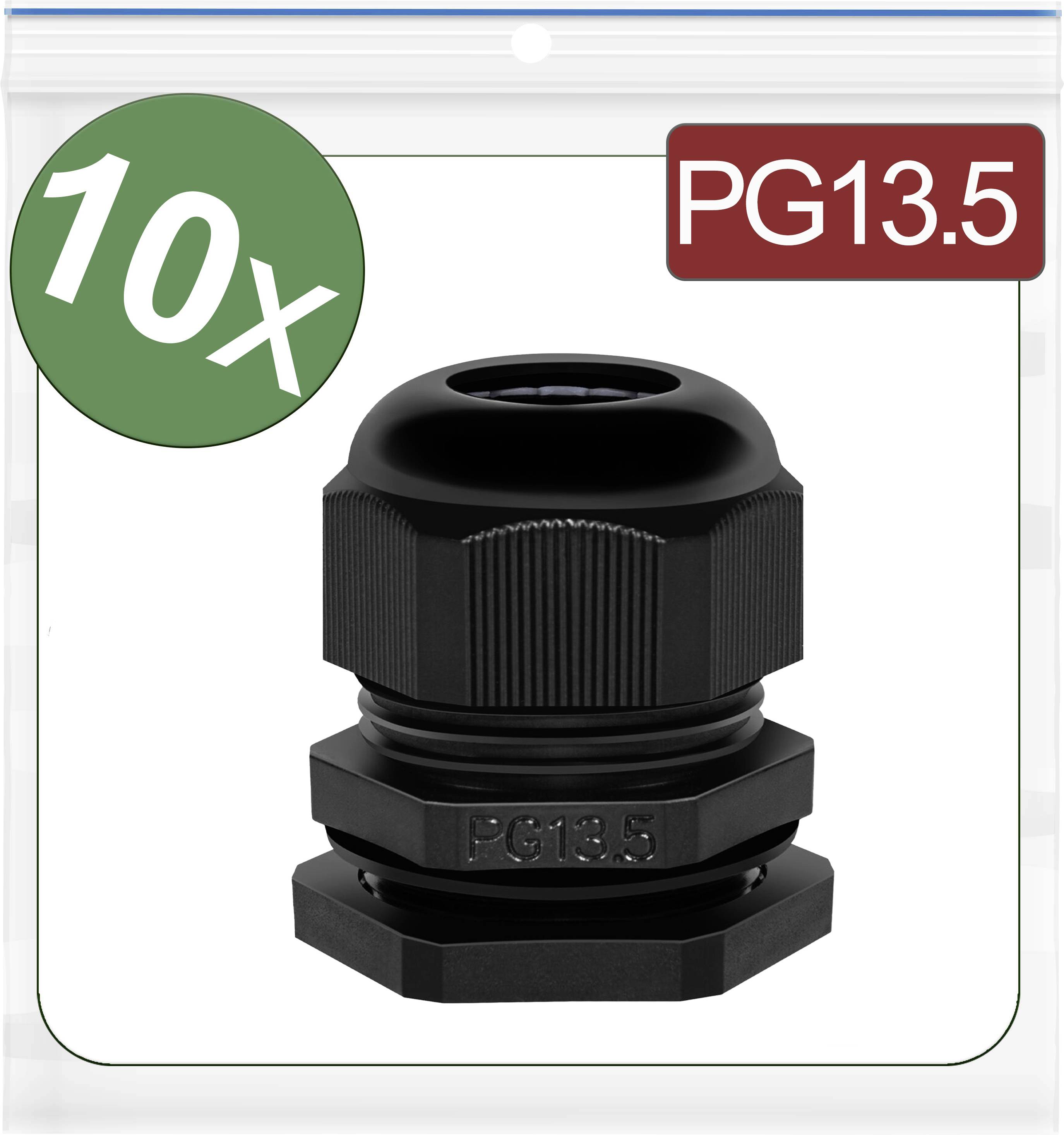 The image shows a black cable gland of size PG13.5 in packaging marked with '10X'.