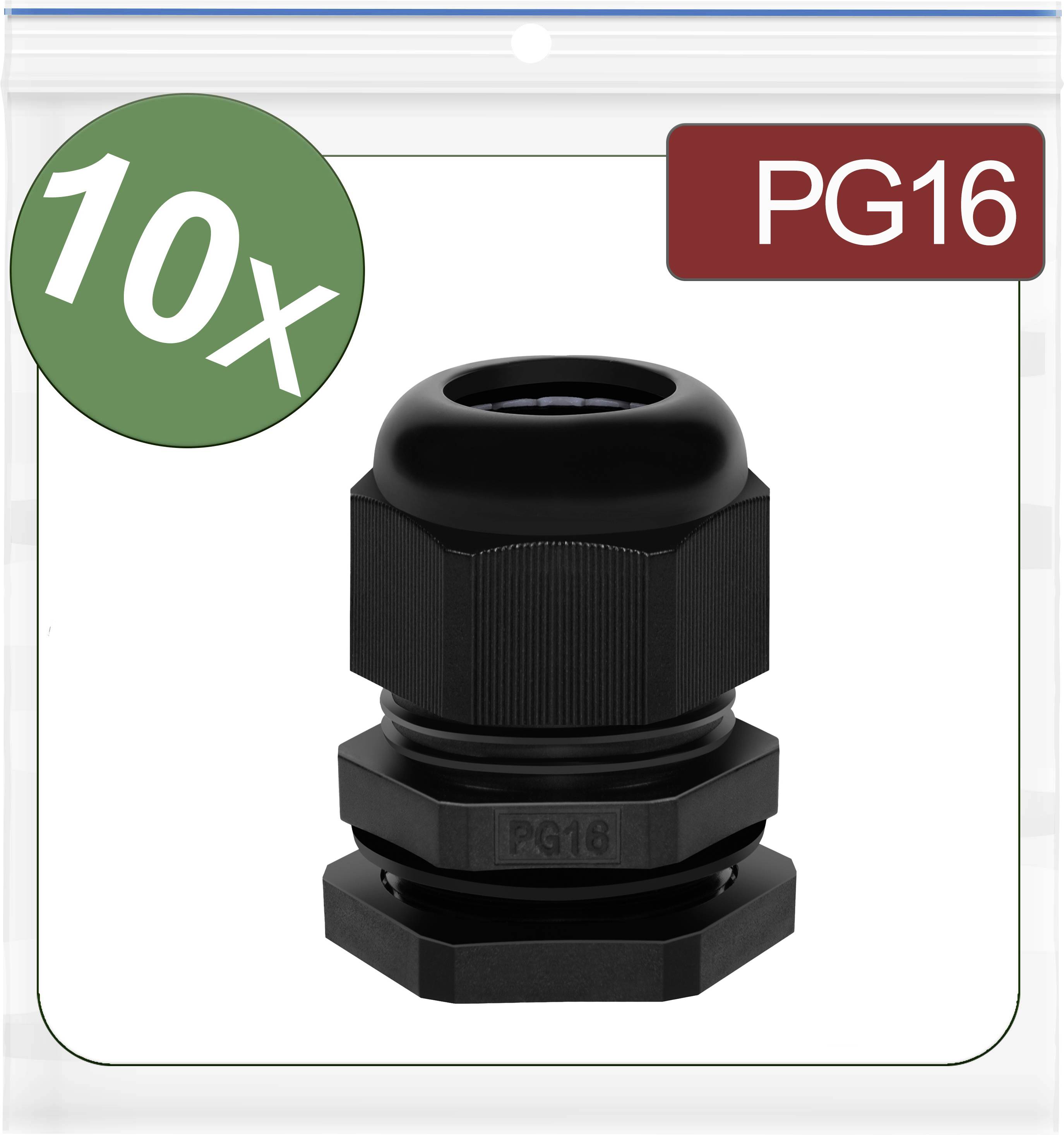 Black PG16 cable gland, pack of 10, shown in a clear plastic bag.