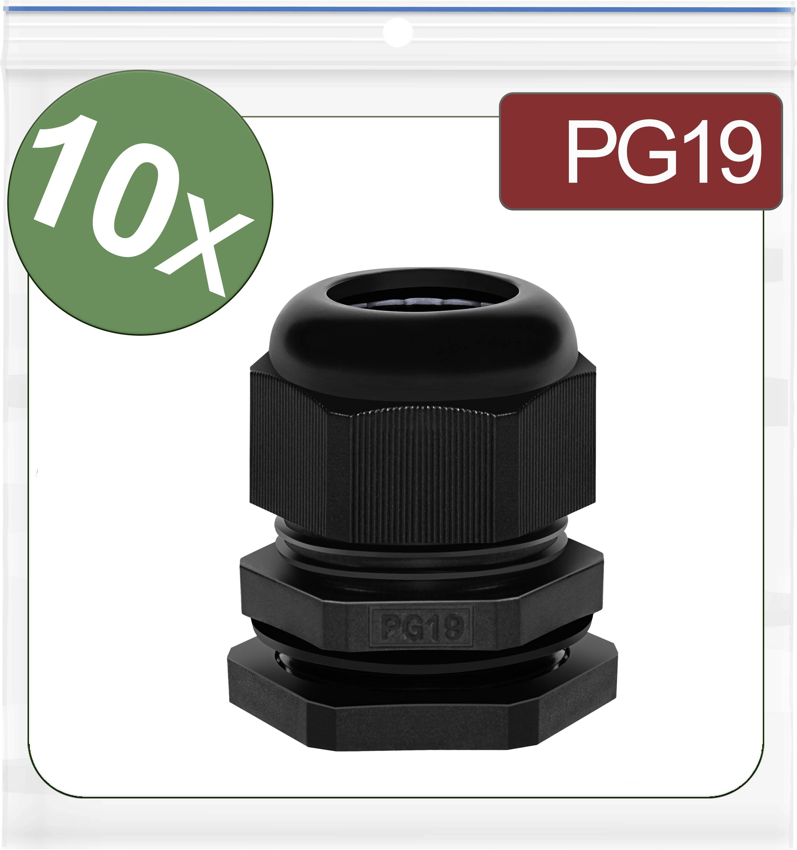 10 black PG19 cable glands in a transparent packaging.