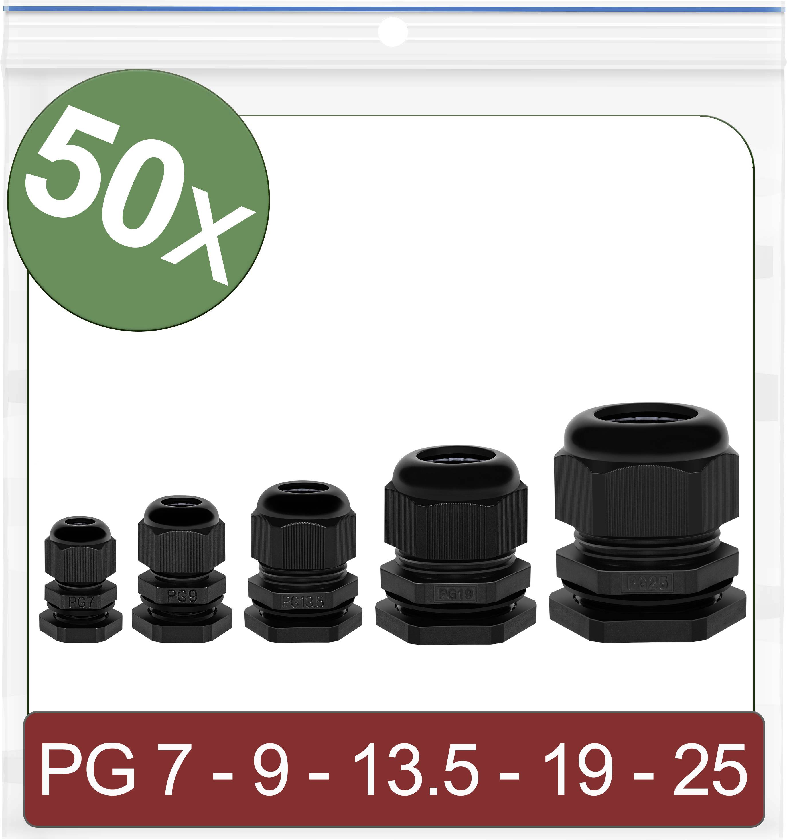 Five black cable glands in various sizes. A green circle with '50x' in the top left, with size specifications 'PG 7 - 9 - 13.5 - 19 - 25' at the bottom.