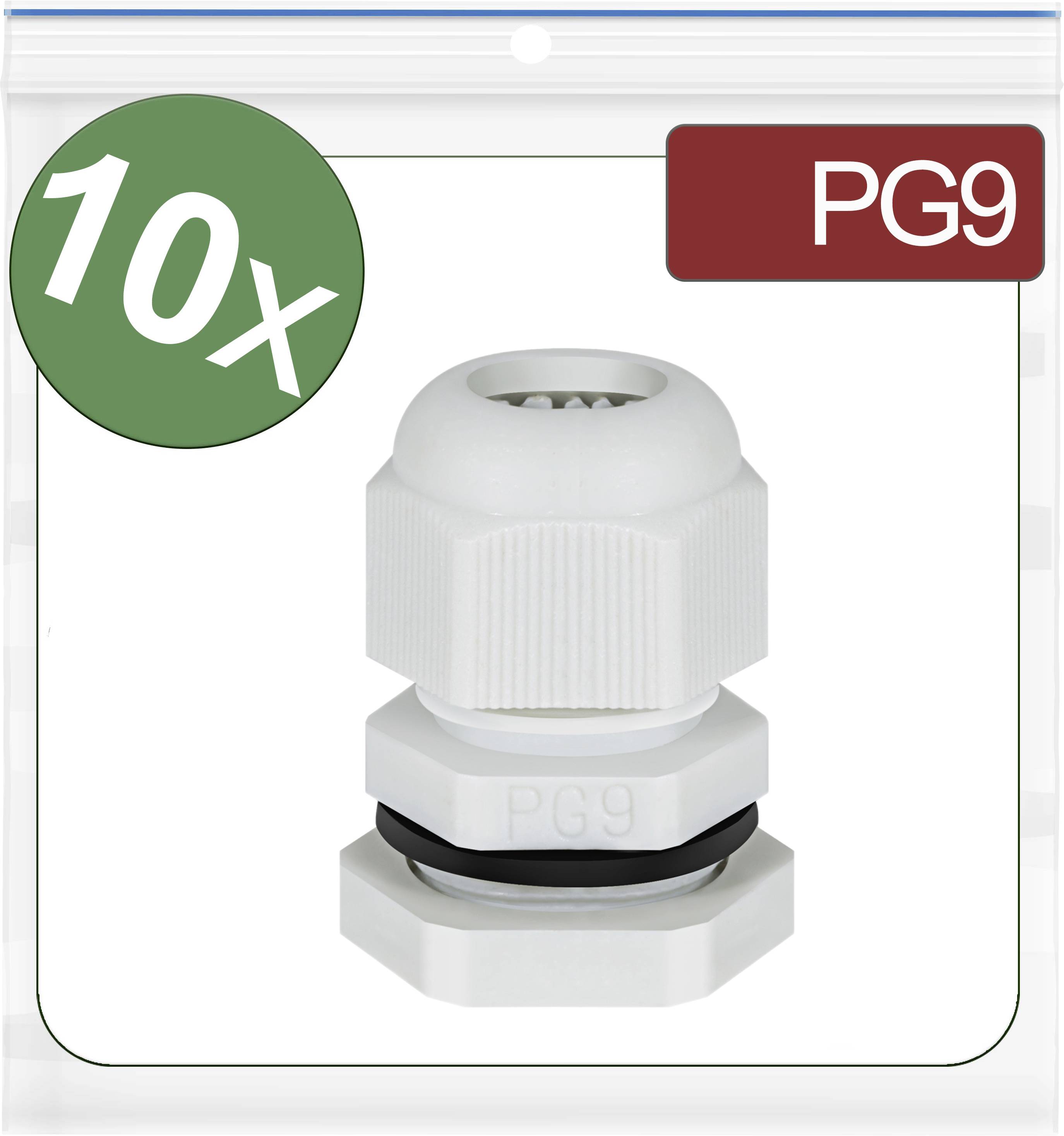 10 PG9 cable glands in white, packaged in a clear bag.