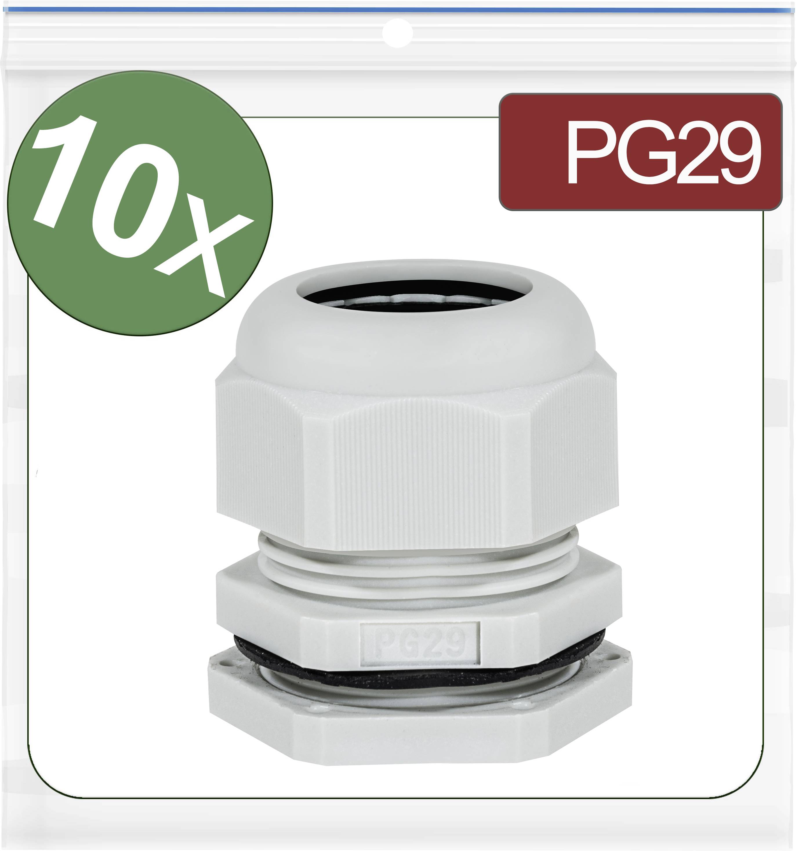 '10x PG29 Cable Glands, Grey'. Plastic packaging with round thread and seal for cable fastening and sealing.