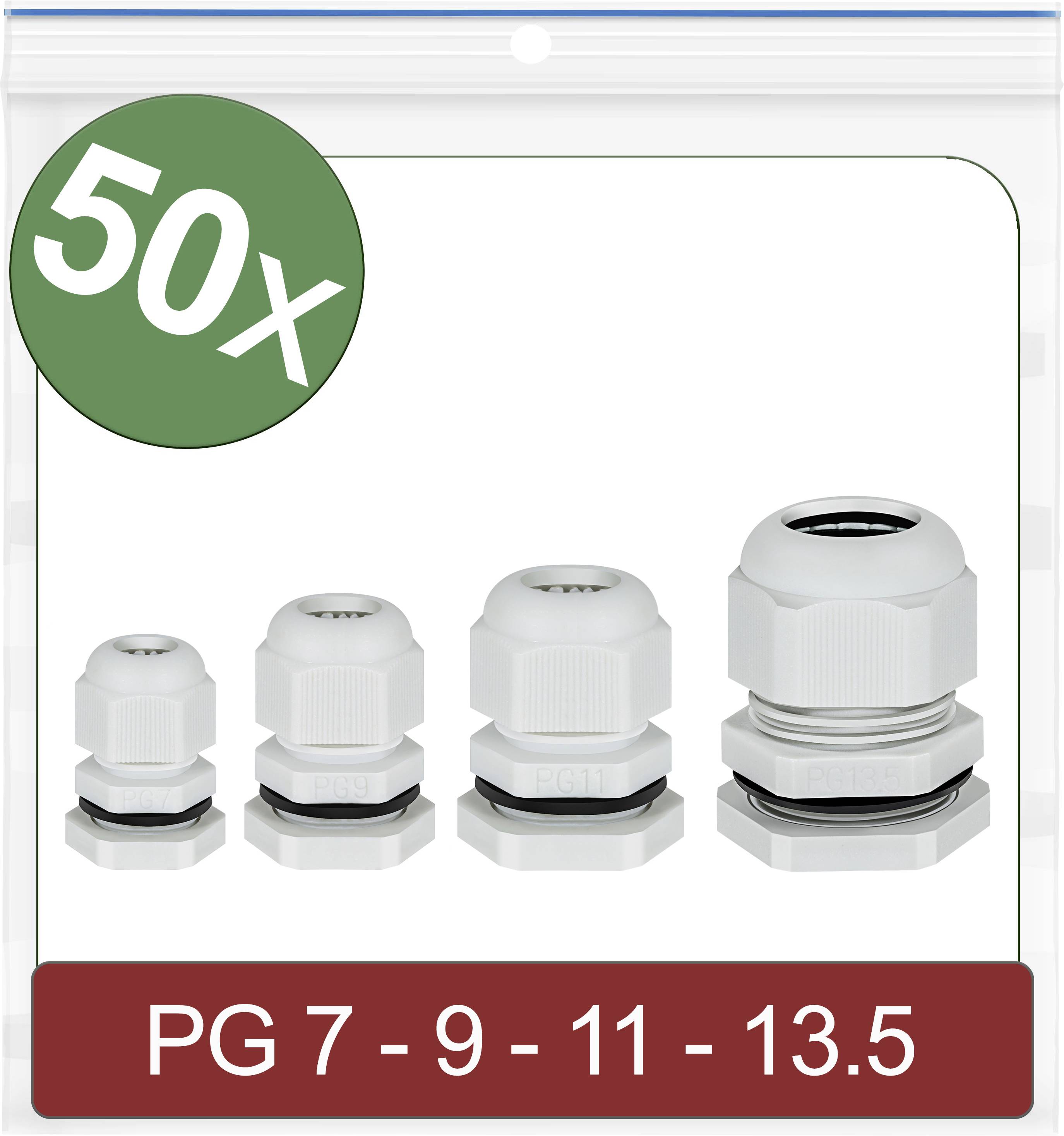 50x Cable Glands in Various Sizes: PG 7, PG 9, PG 11, PG 13.5. White, for Cable Management and Protection.