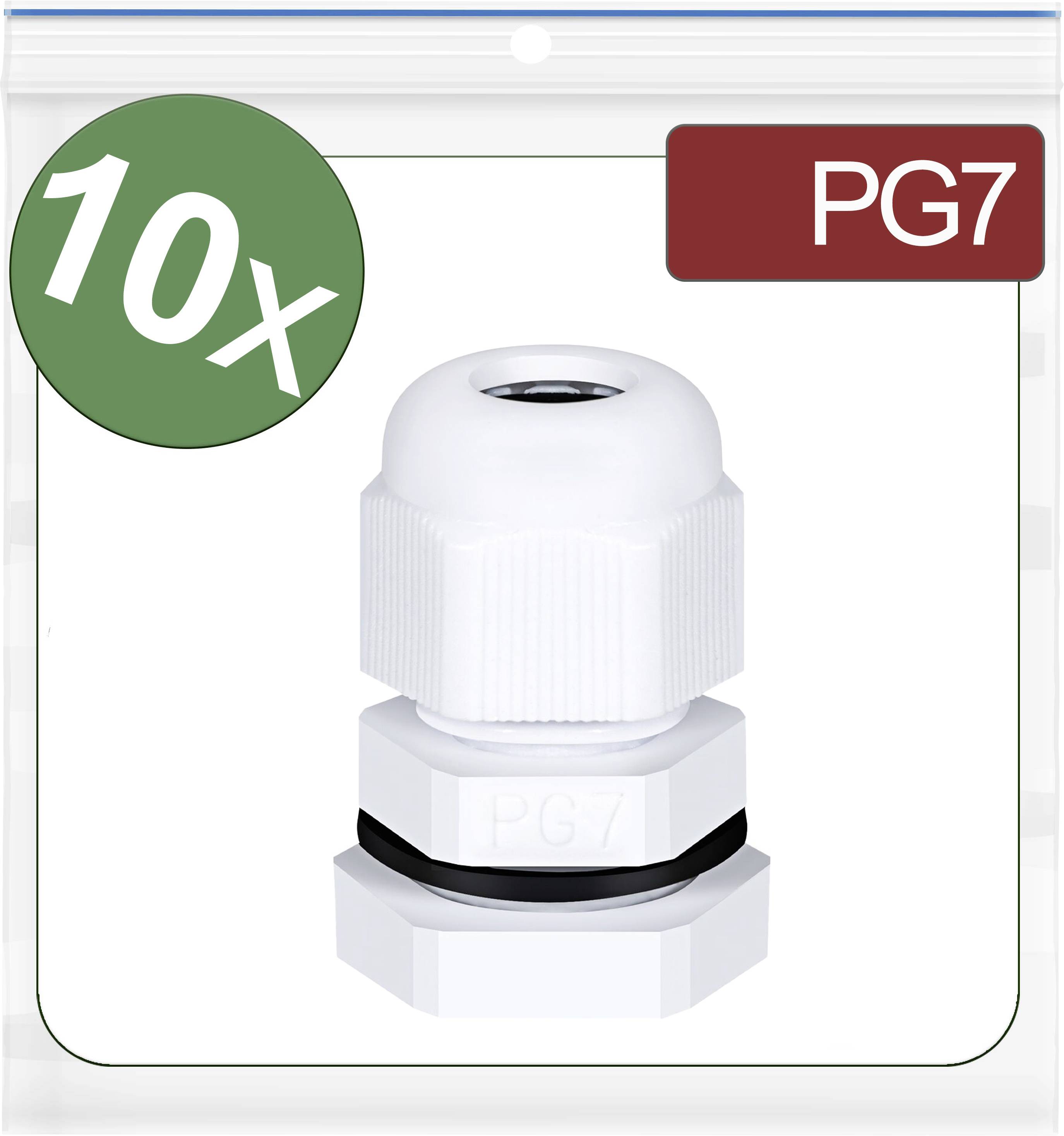 10 white PG7 cable glands in a package for cable management and sealing.