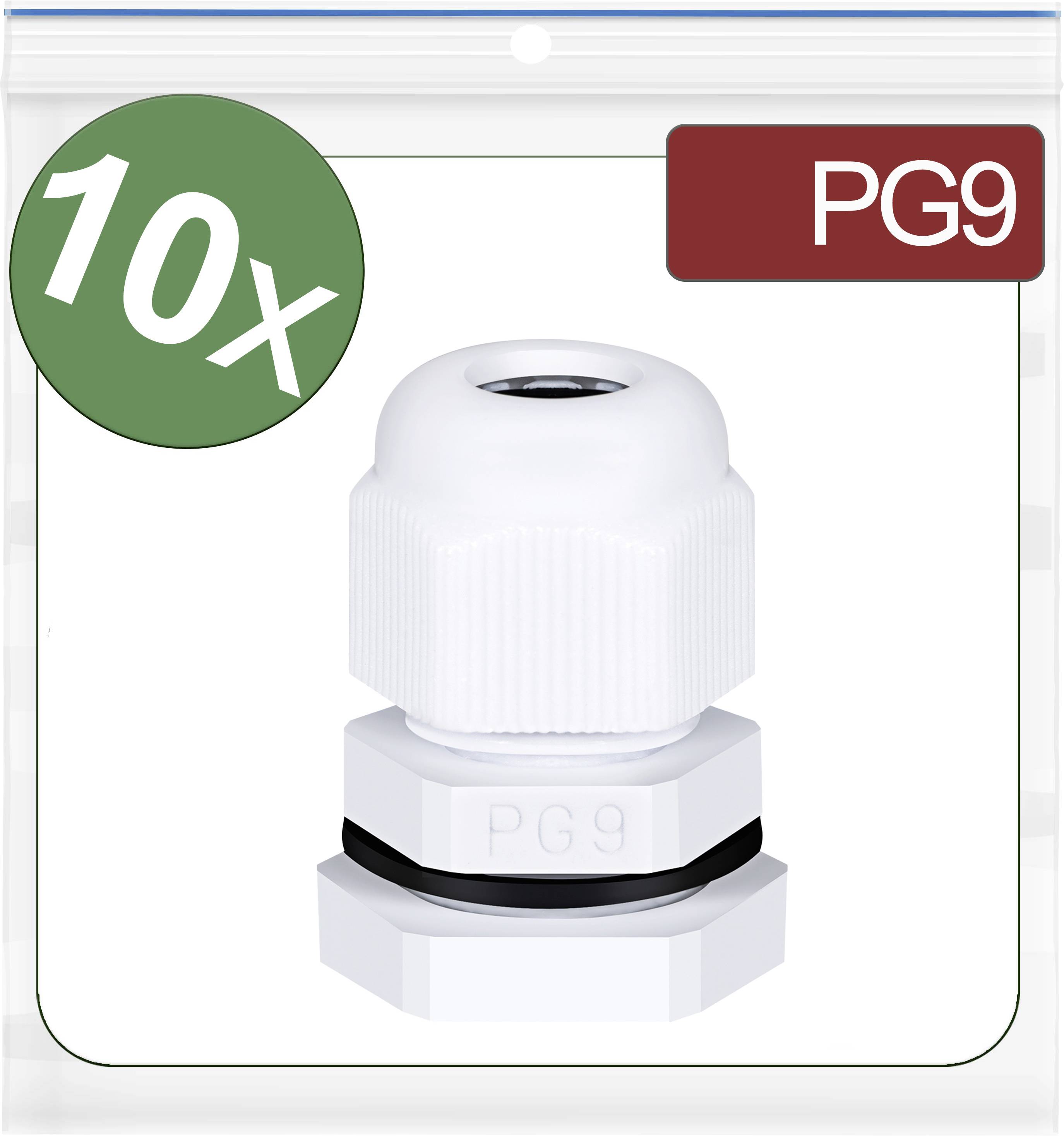 '10x PG9 Cable Glands' in White, suitable for 4-8 mm cables, pictured in a transparent package with a circular green label.