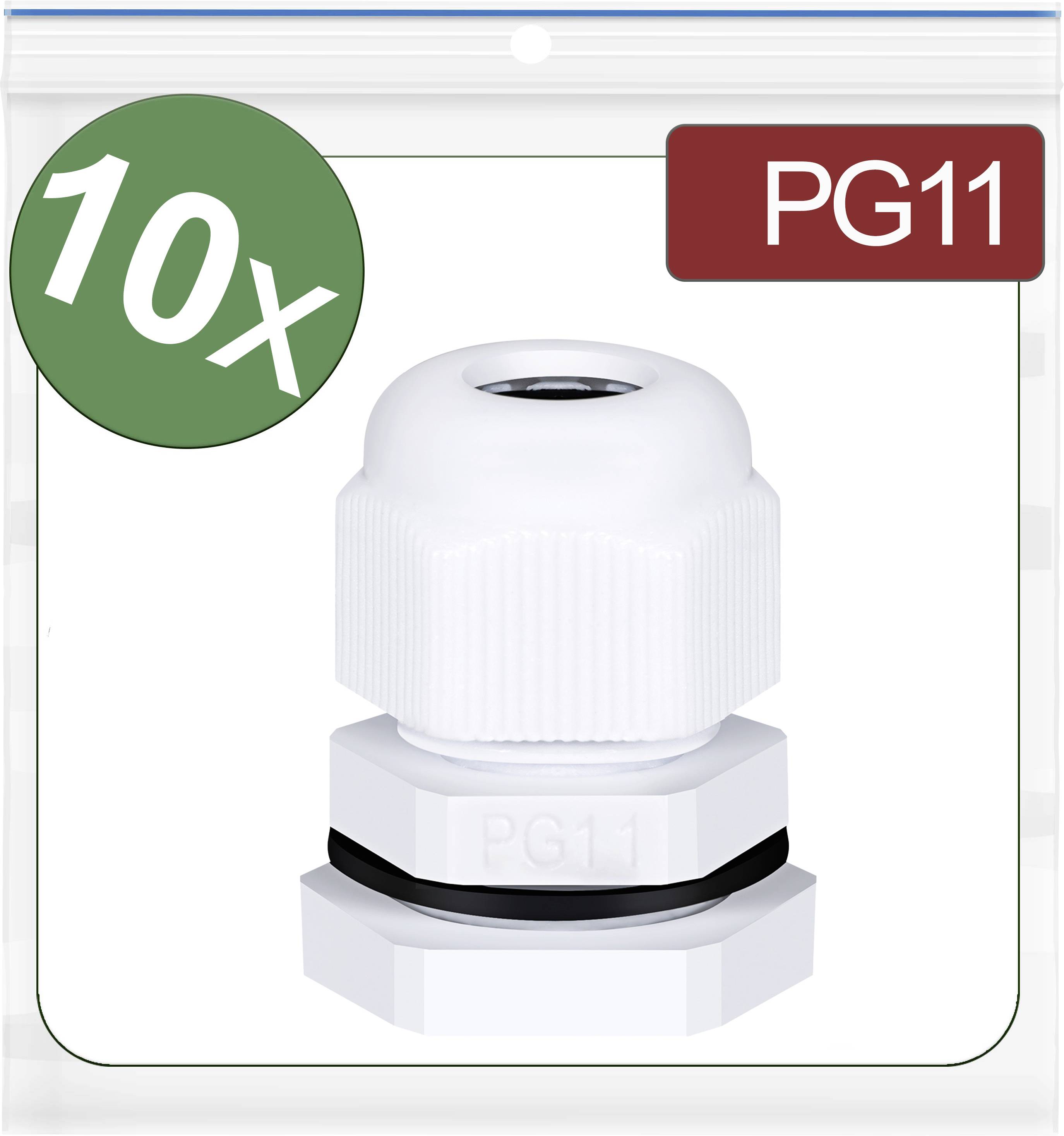 White cable gland PG11 in a pack of 10 pieces.
