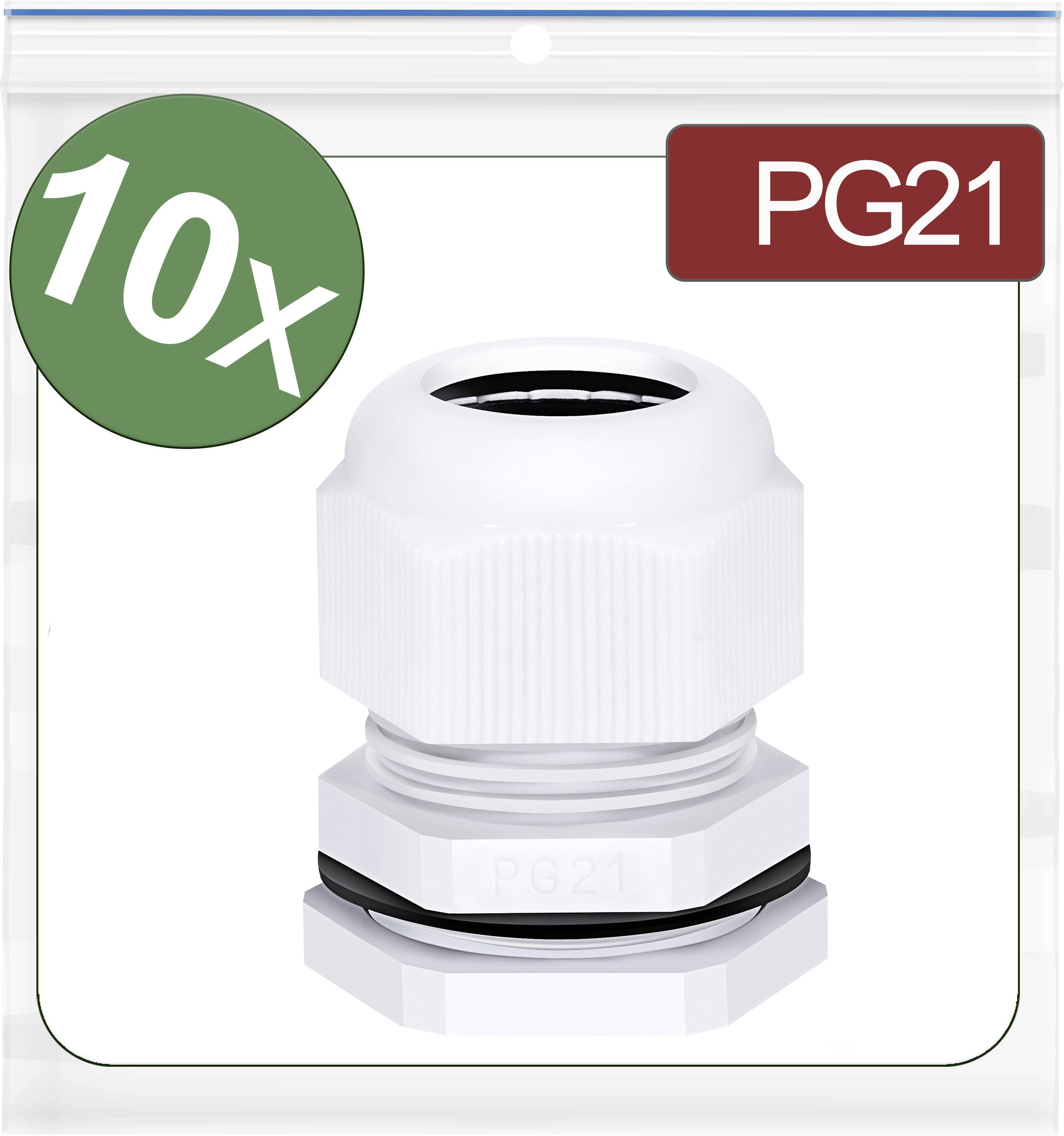 10 PG21 cable glands in one package. Primarily white with black sealing. Suitable for cable entries.