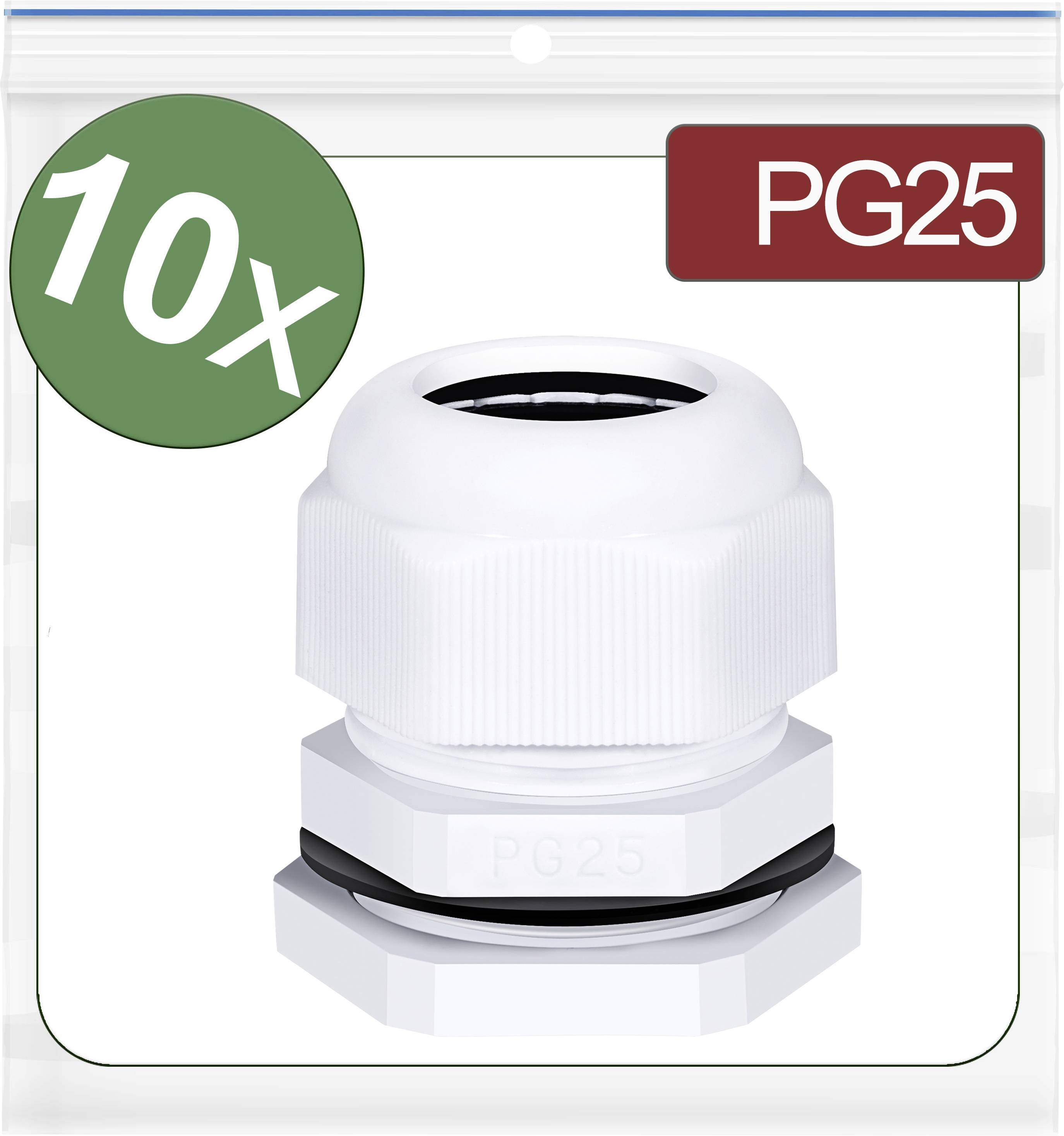 Pack of 10 white PG25 cable glands, round, with sealing, for sealing and protecting cable entries.