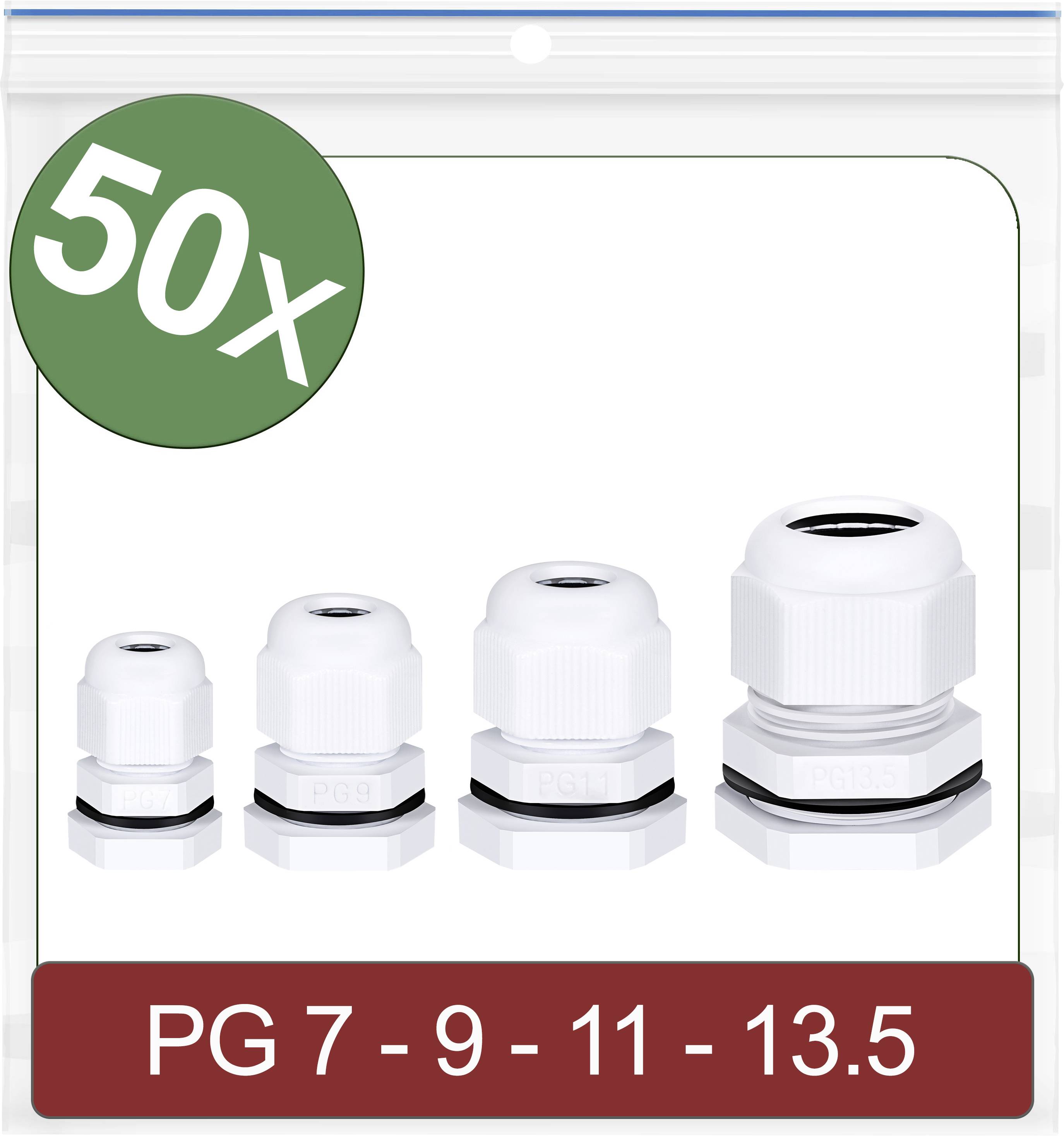 50 white cable glands in four sizes (PG 7, 9, 11, 13.5) shown in packaging.