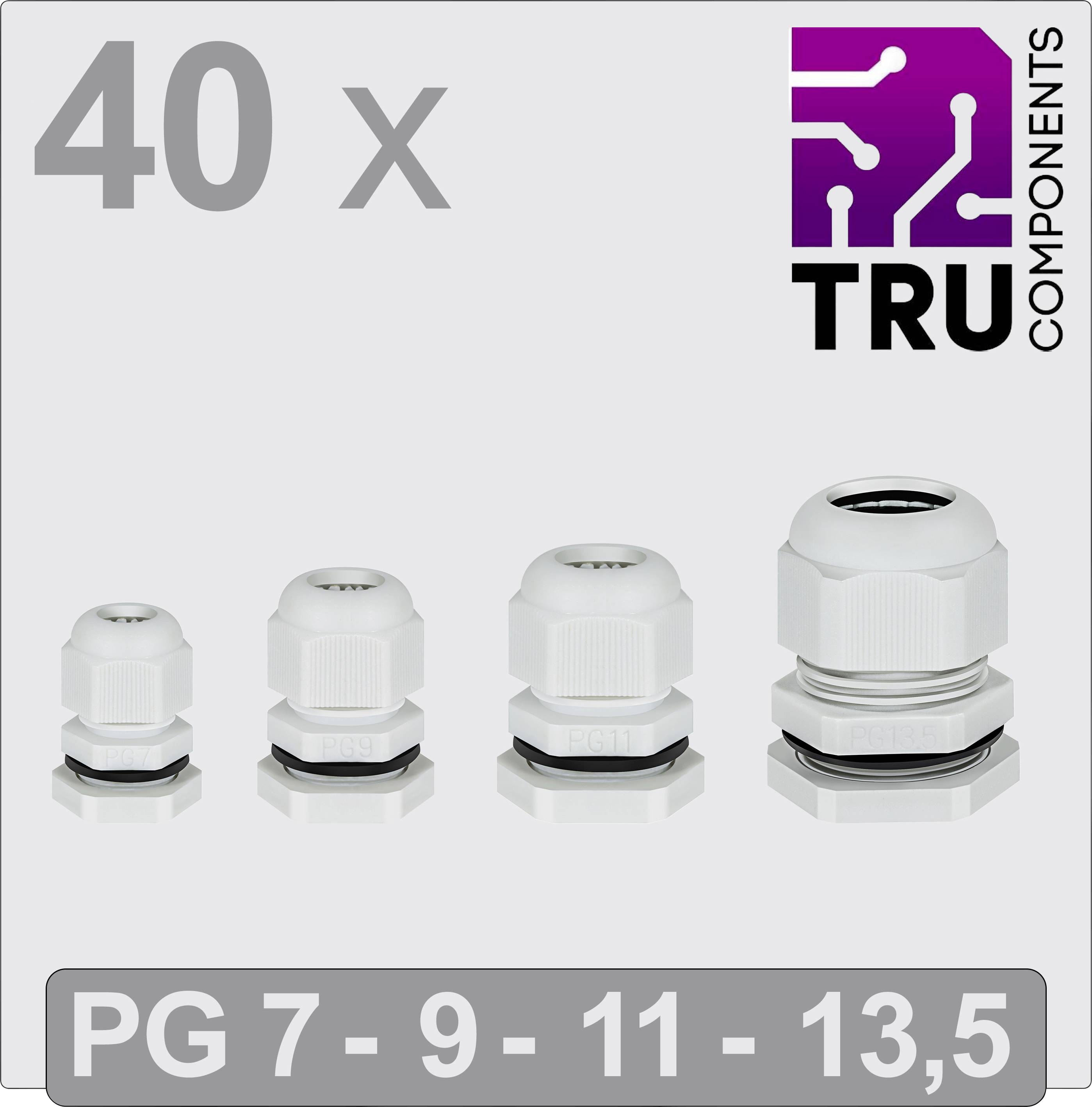 40 plastic cable glands in various sizes: PG 7, 9, 11, 13.5. TRU Components logo top right.