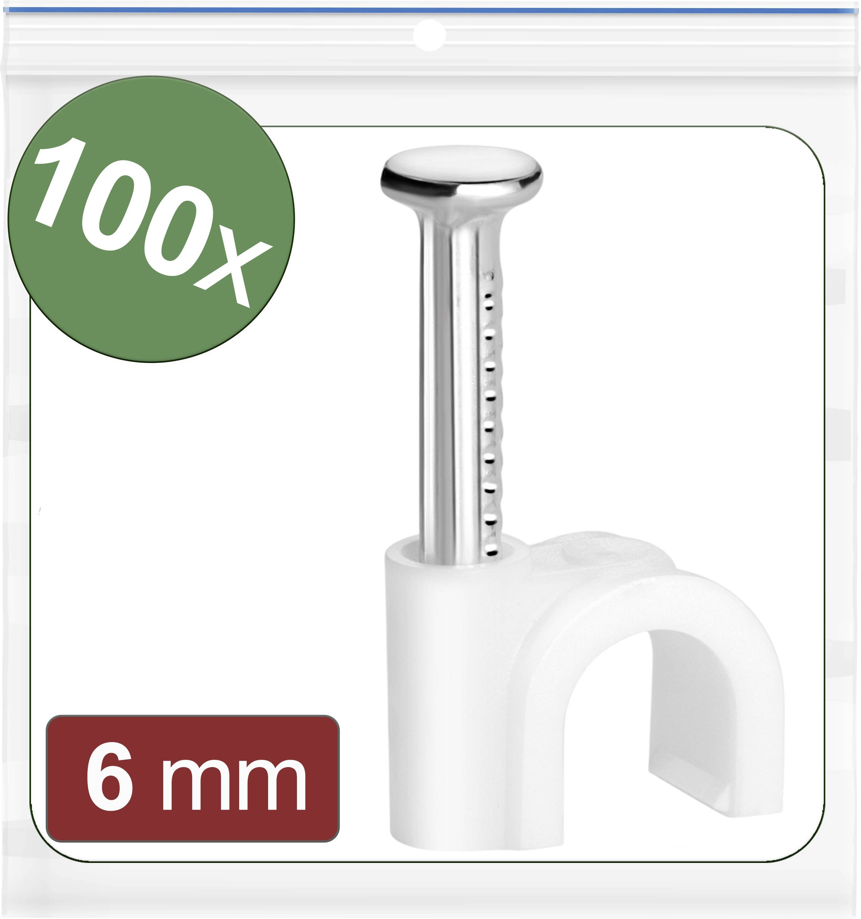 Plastic cable clips with nail, 6 mm diameter, packed in units of 100 pieces. Ideal for securing cables to walls or floors.