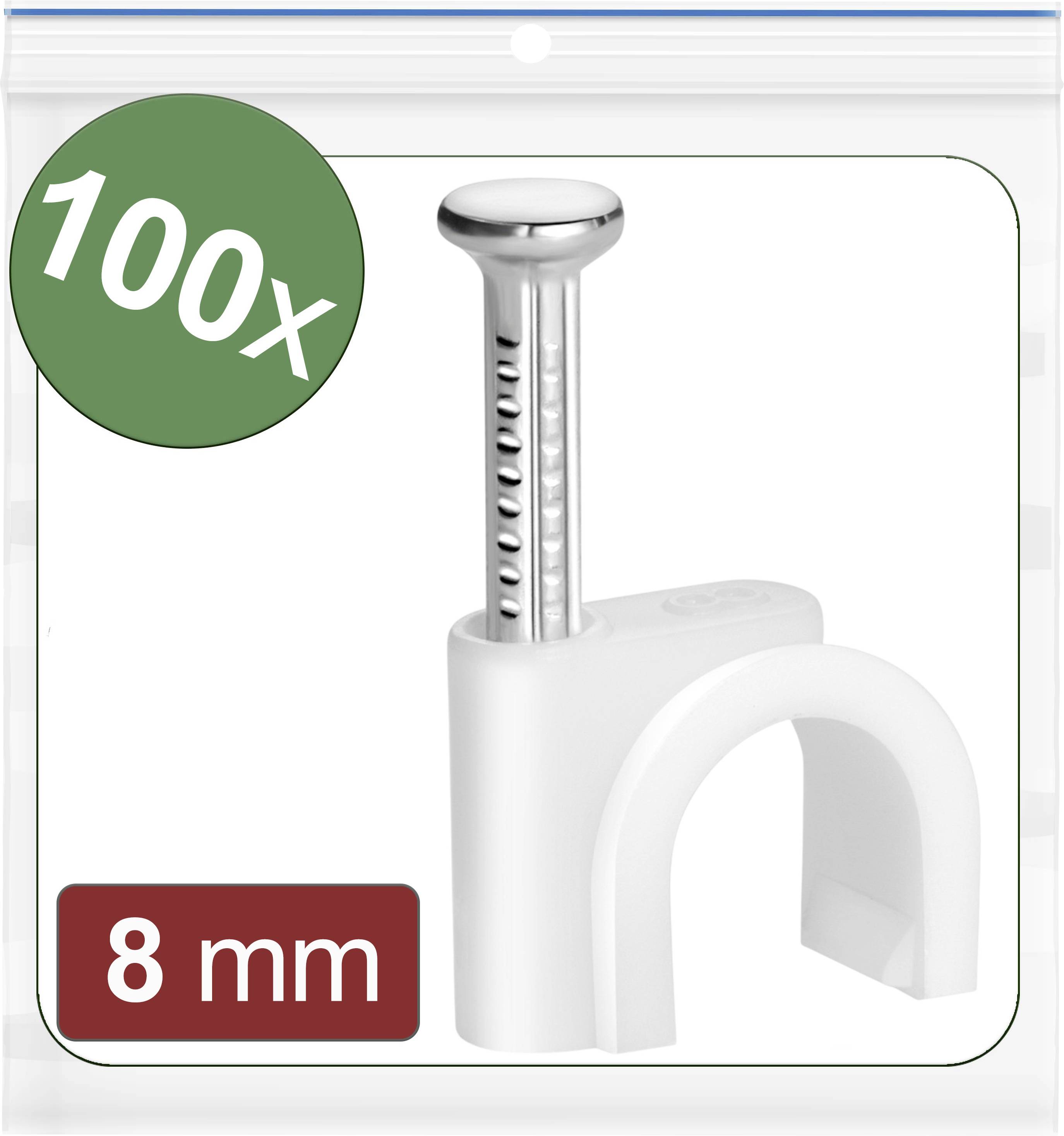 A pack of 100 white cable clips, 8 mm in diameter, suitable for securing cables to walls.