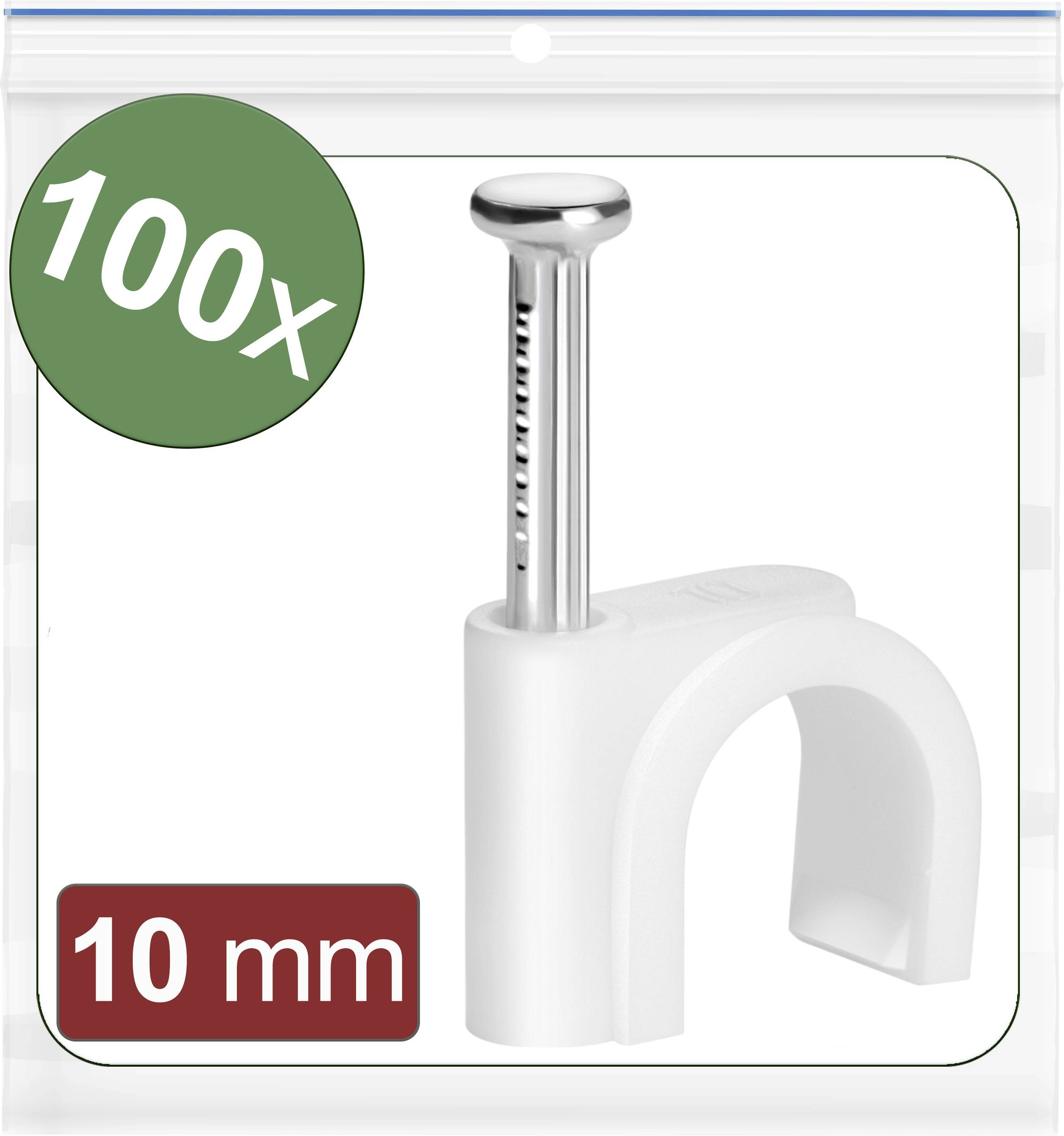Plastic cable clips with metal nail, 10 mm, in a pack of 100 for securely fastening cables to walls or floors.