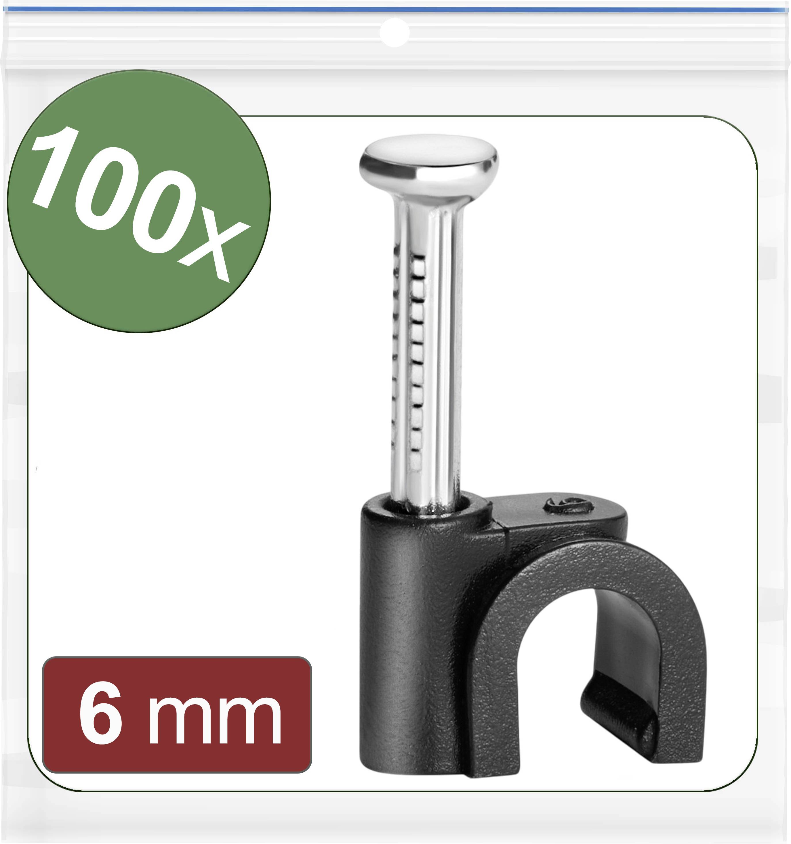 Plastic cable clip with nail, pack of 100, for cables with 6 mm diameter. Packaged in a clear plastic bag.