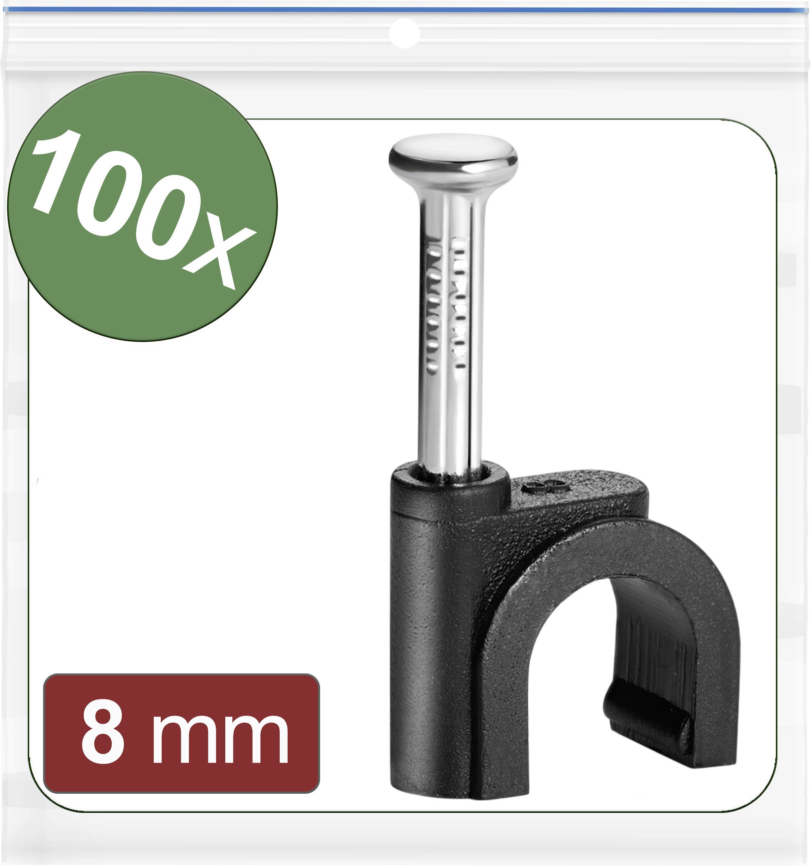 Cable clips in a set of 100 pieces, suitable for 8 mm diameter, shown with nail in a transparent bag with green '100x' label.