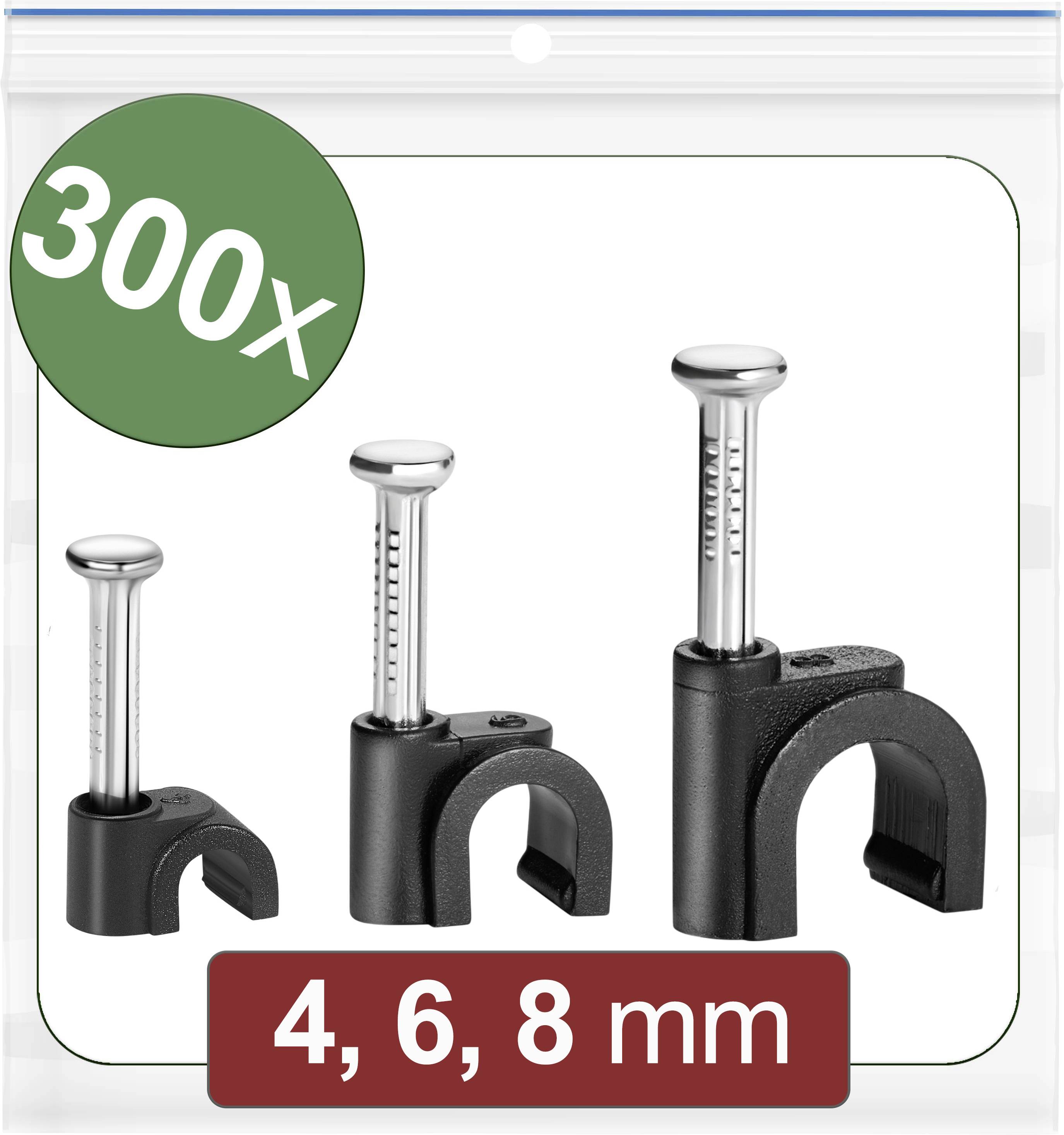 300 Cable Clips with Nail, in Sizes 4, 6, 8 mm. Ideal for securely fastening cables to walls. Contains three different sizes.