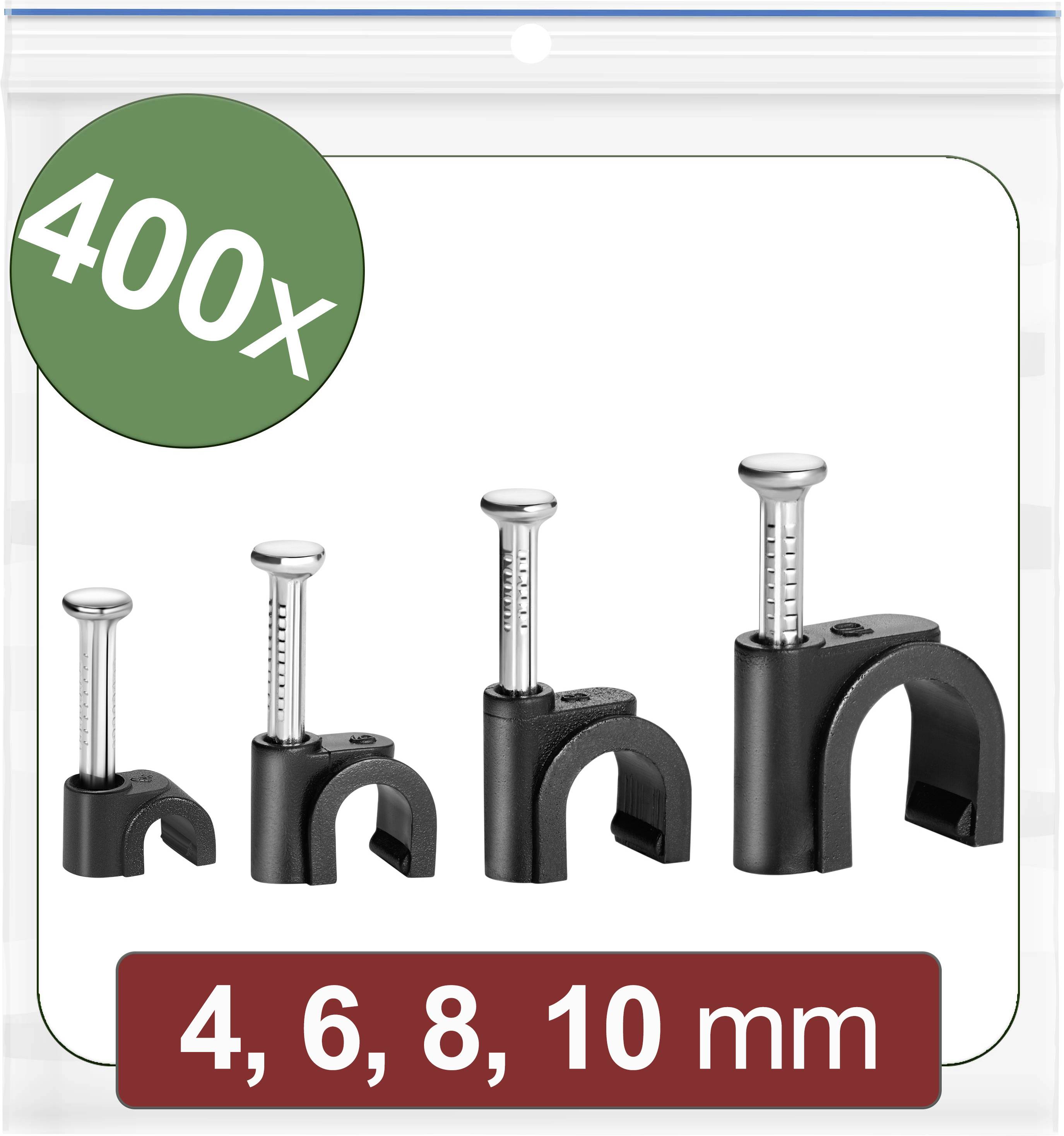 400 cable clips in various sizes (4, 6, 8, 10 mm) for cable fastening. Shown on packaging.