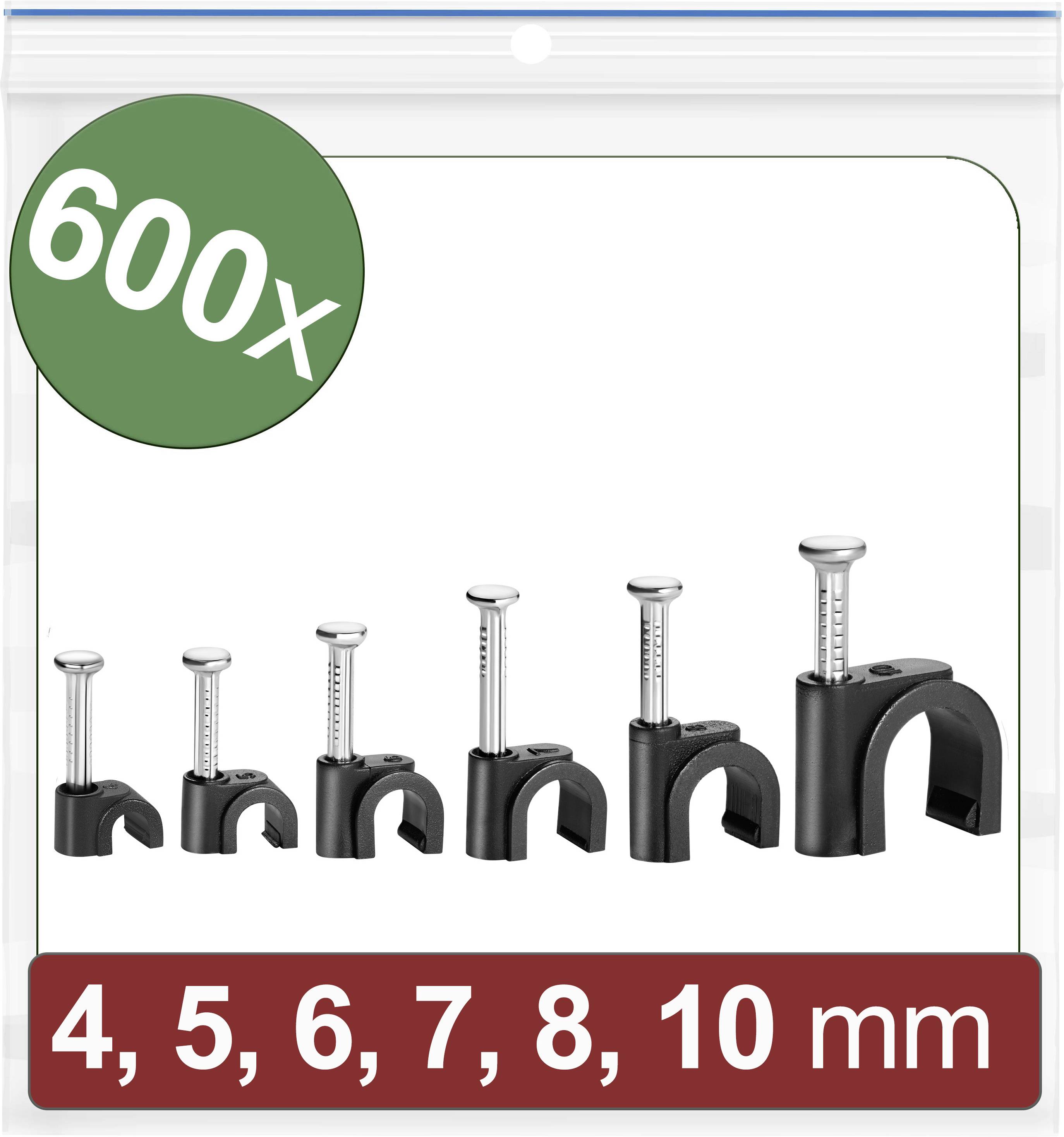 Six black round cable clips in sizes 4 to 10 mm, with silver nails, in a transparent packaging with green '600x' marking.
