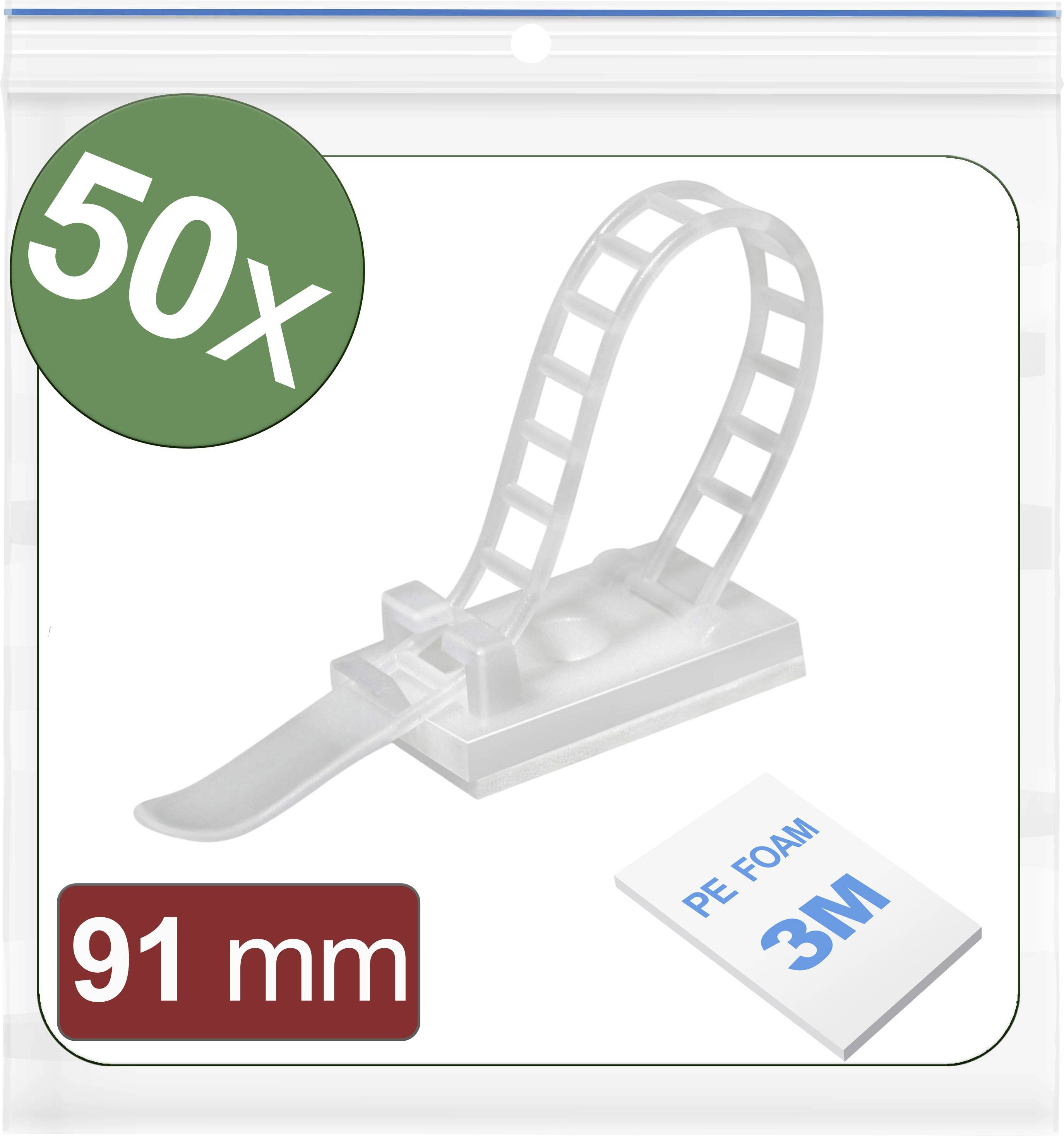 Plastic Cable Clip Set with Adhesive Pads, 50 Pieces. Dimensions: 91 mm. Ideal for Securing and Organising Cables. Bag Packaging.