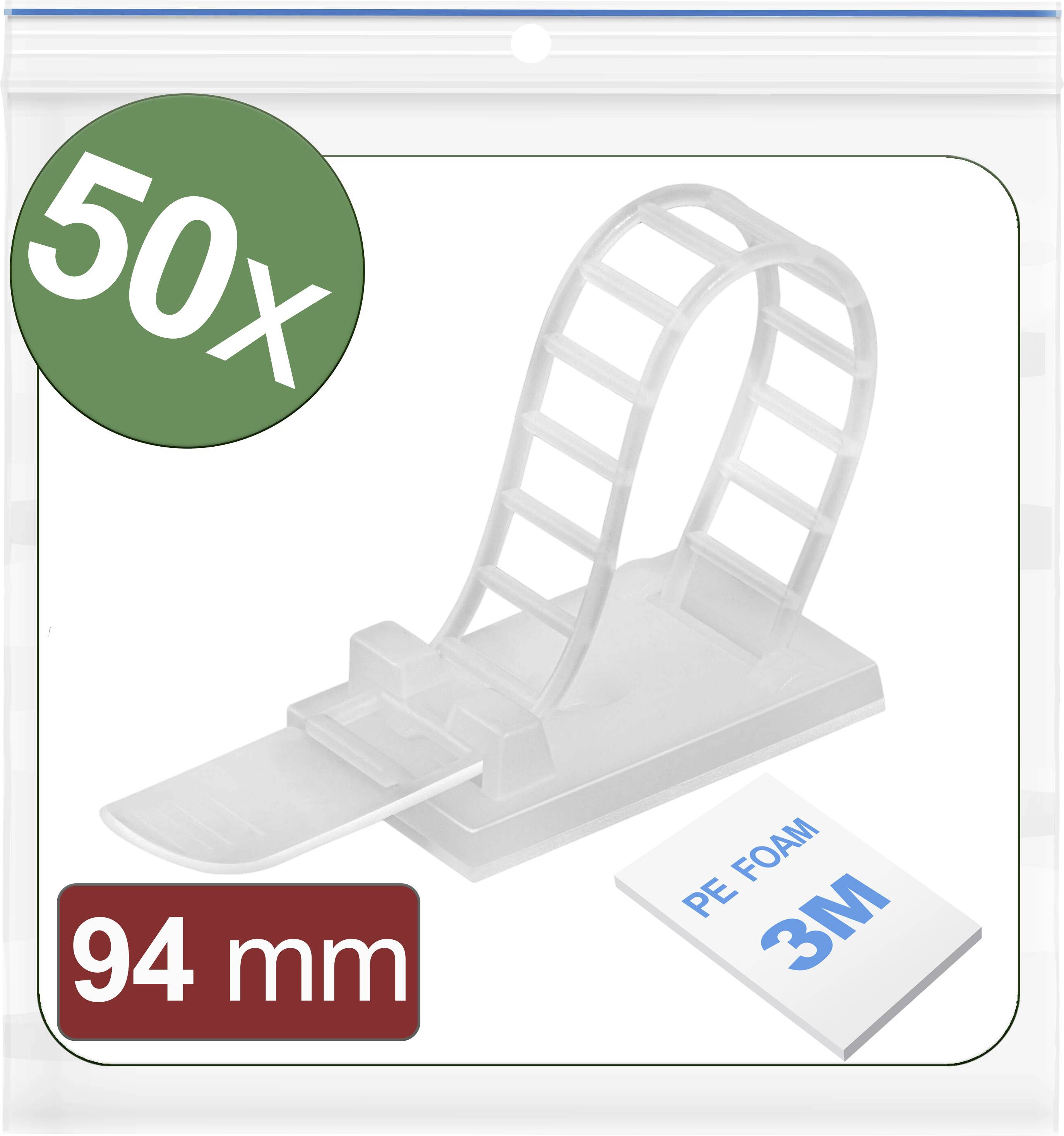 50 white cable clips measuring 94 mm in length, with a foam underlay in the foreground featuring the text 'PE FOAM 3M'.