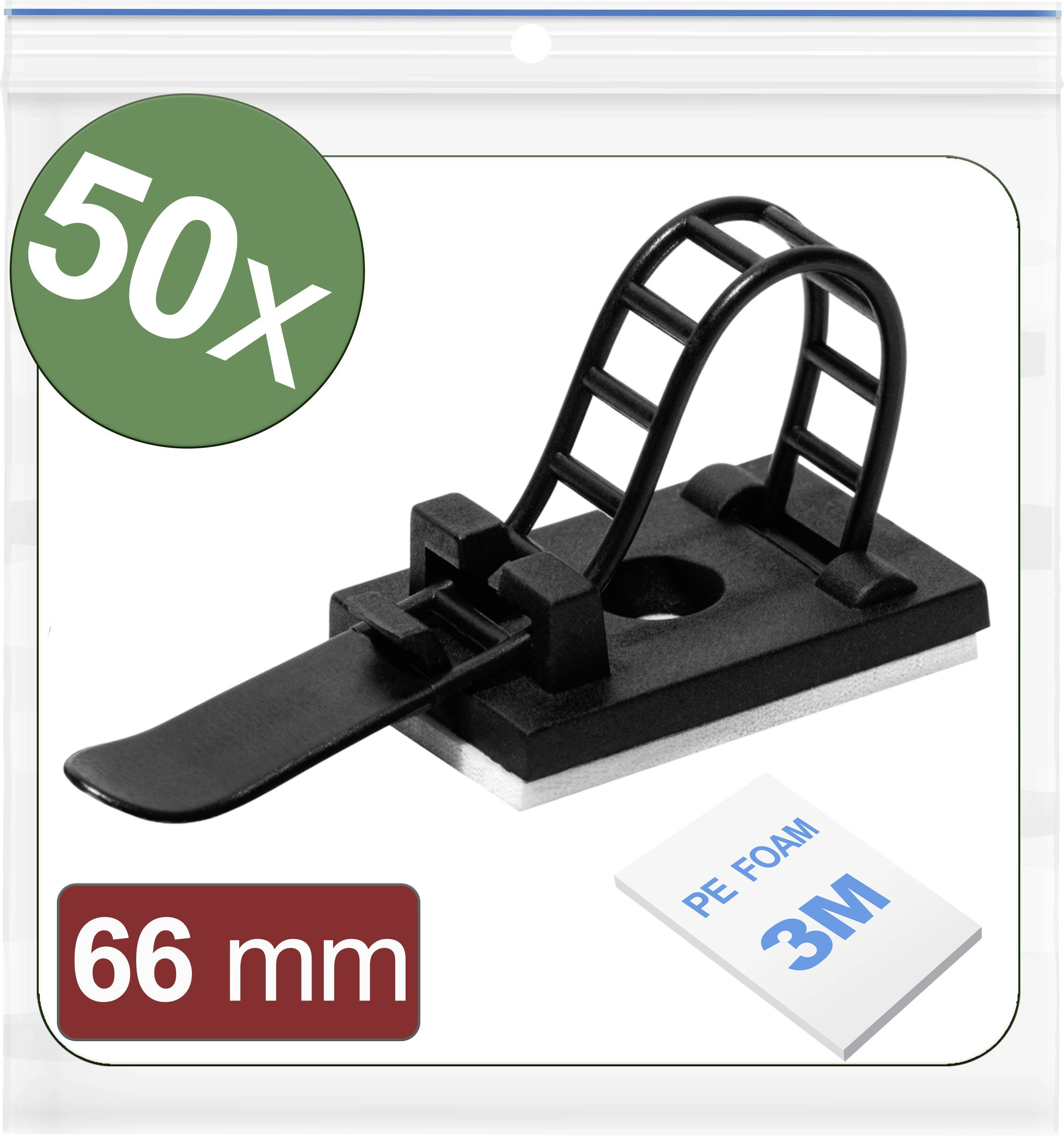 50 black plastic cable ties, 66 mm long, with adhesive base, suitable for cable routing and organisation. Package with PE foam.